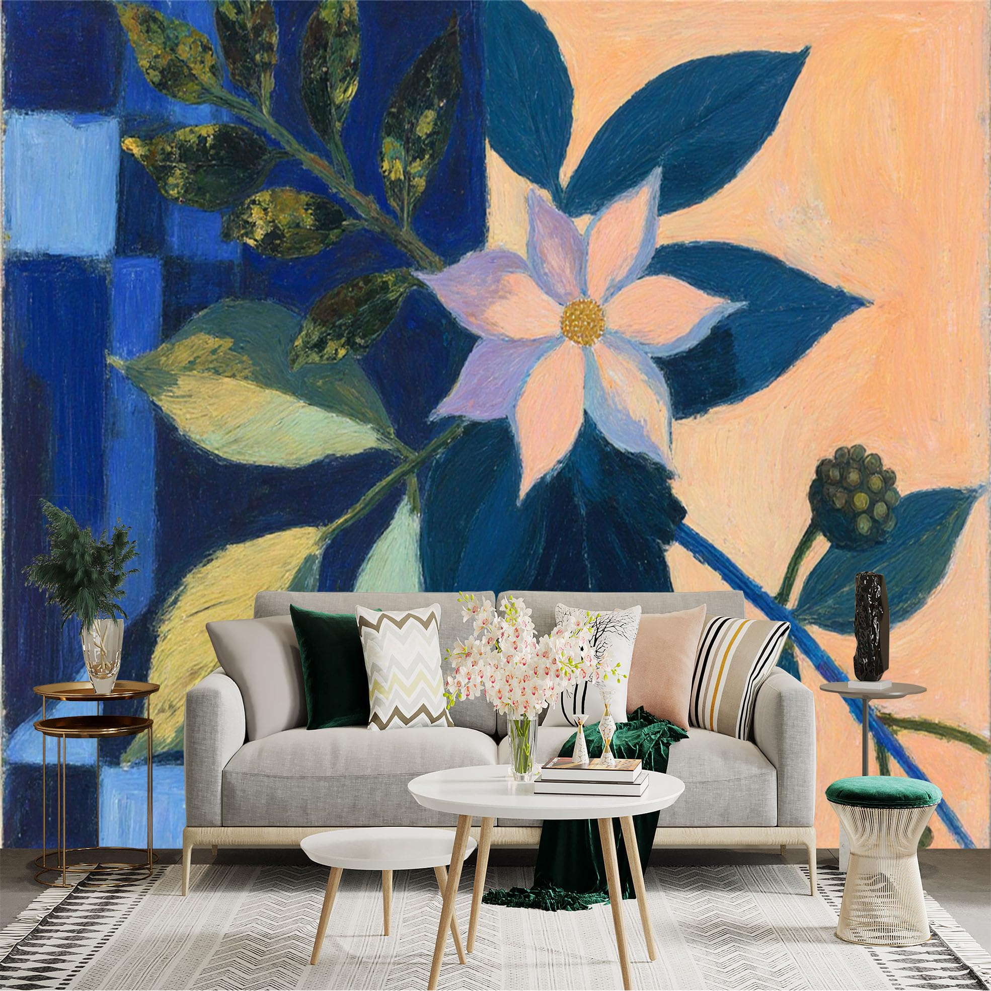 Custom Size Wall Sticker Mural， Abstract Floral Illustration， Blue and Peach Botanical Art， Modern Painting Aesthetic， for wall Decoration， peelandstick wall Decals.
