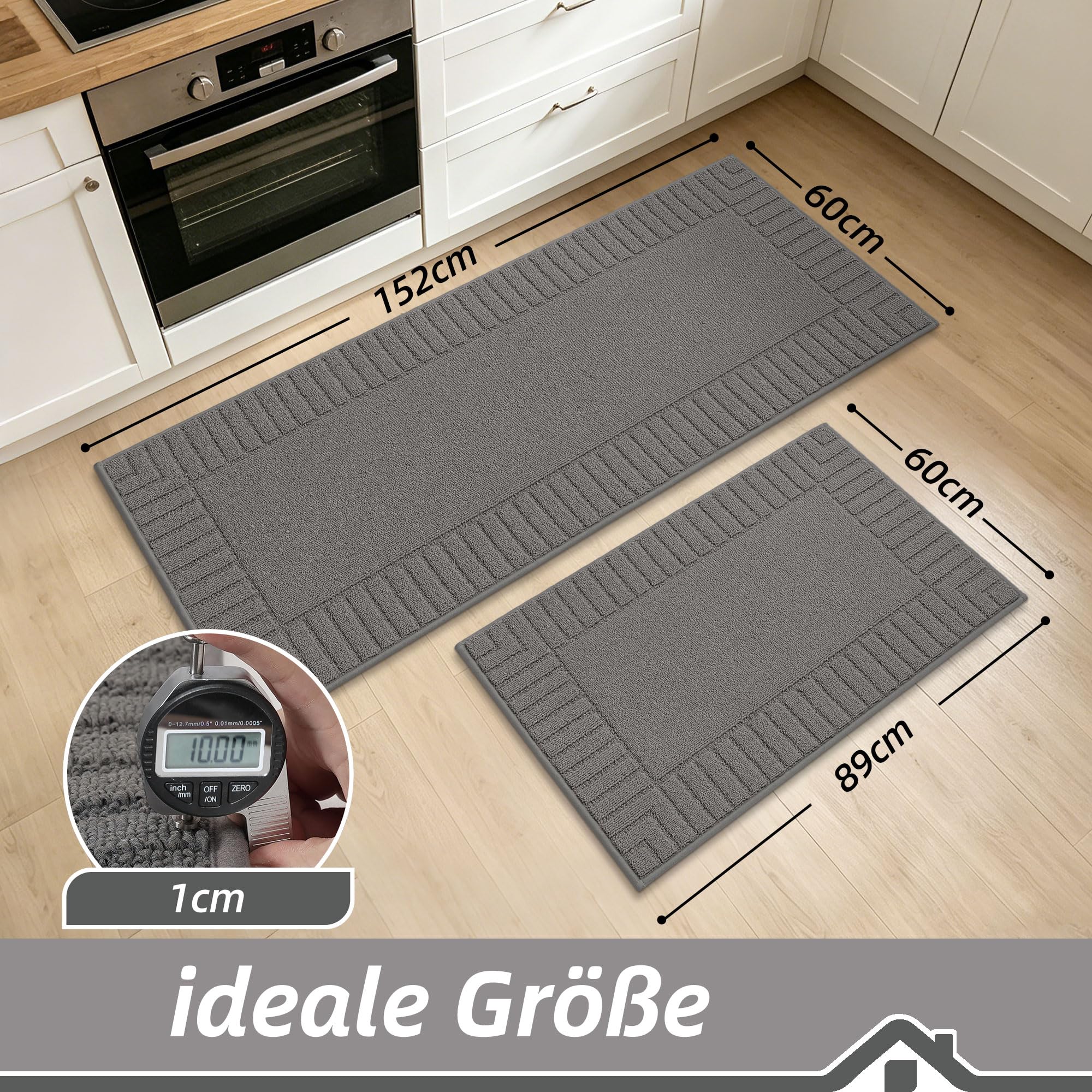 BEQHAUSE Teppich Küche Waschbar, 2 Stück rutschfest, 60 x 89 cm + 60 x 152 cm, Grau