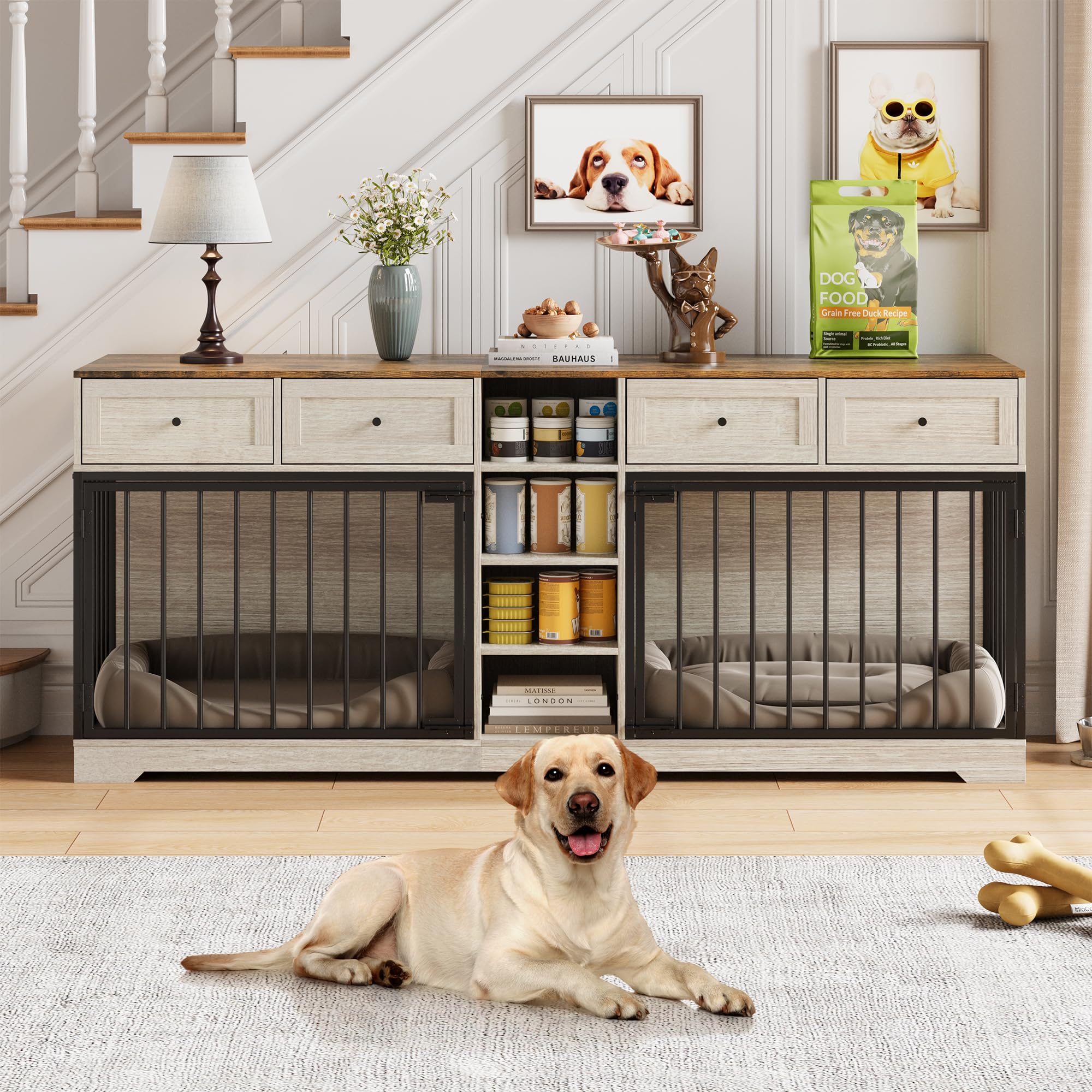 garveehome 82" double dog crate furniture, large dog kennel indoor for 2 dogs, heavy duty wooden dog crate tv stand with 4 drawers and shelves, washed white