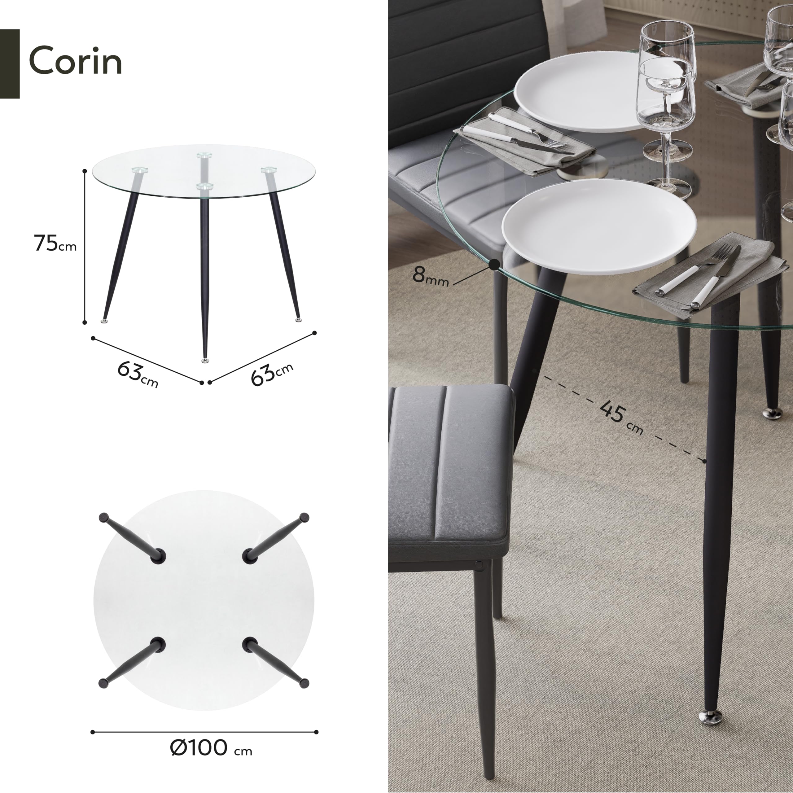 Mesa de Comedor Fija Redonda Corin | 100 x 100 x 75 cm | Ideal para Cocina o Salón | Ideal para 3 a 4 Personas | Tablero de Cristal Transparente | Patas de Metal en Negro