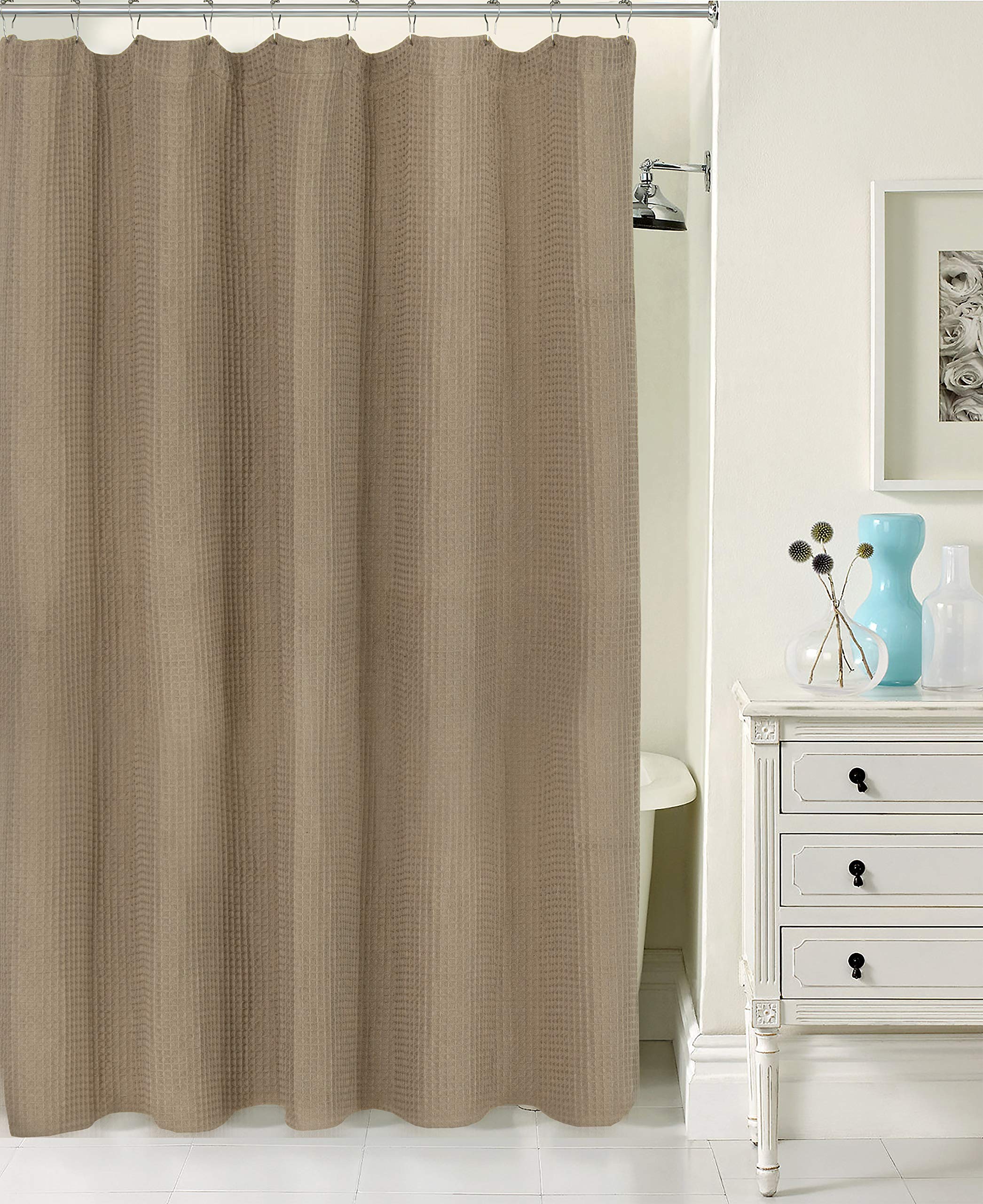 Waffle Weave Shower Curtain – Cotton Blend, Ivory, 72x72 Inches, Heavy Fabric For Bathroom Spa Vibe