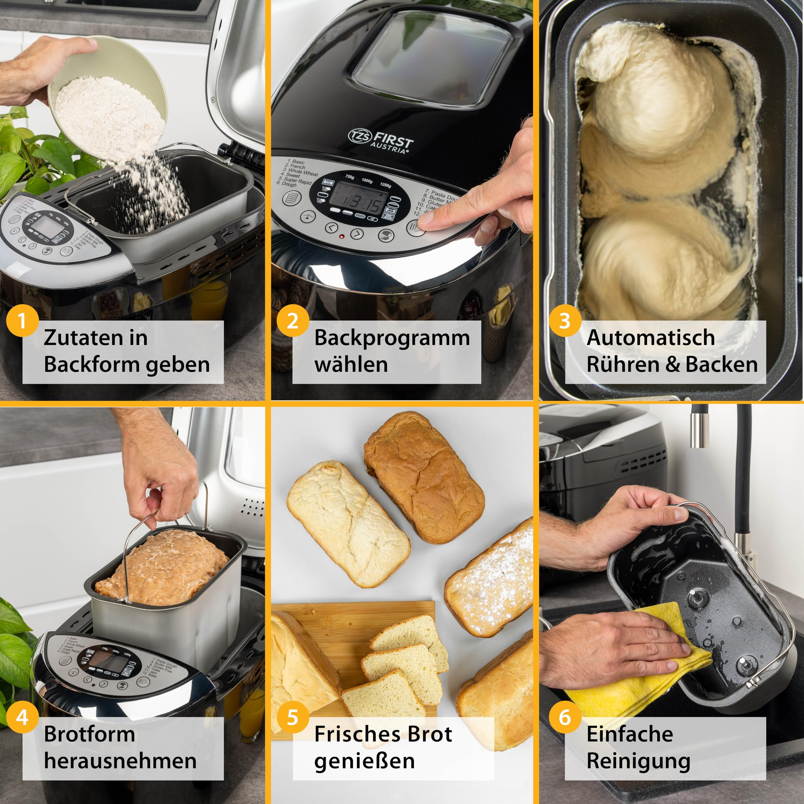 TZS First Austria - Brotbackautomat mit 12 Automatikprogrammen 850W - Vollautomatische Brotbackmaschine 700-1250g Füllmenge - Bread Maker mit Sichtfenster, Timer, Zubehör & Warmhaltefunktion - Schwarz