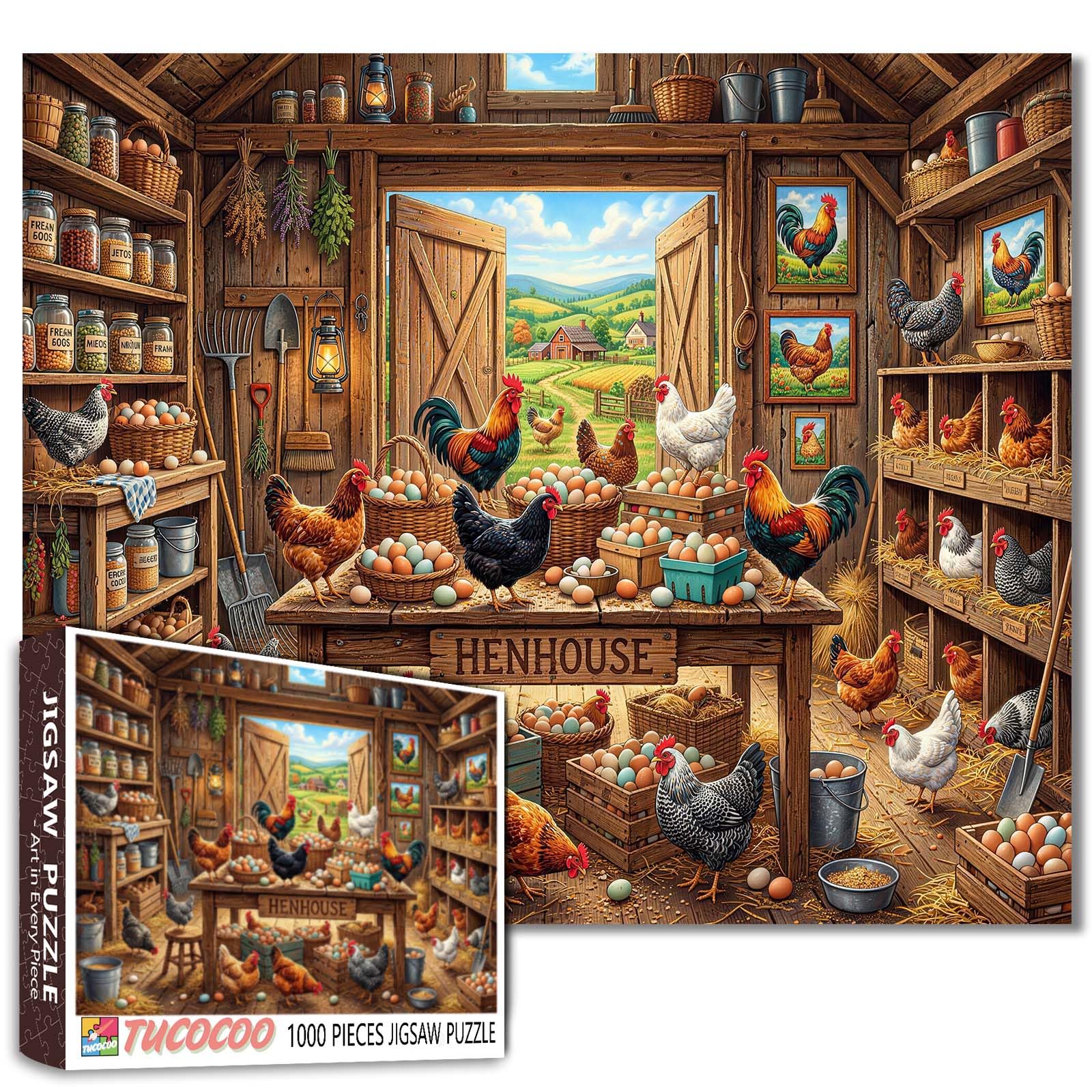 Henhouse with Chickens Puzzle Eggs Roosters and Wooden Crates Jigsaw Colorful Country Scene 1000 Pieces for Adults Beginner Challenging Family Activity Games DIY Crafts for Home Decor Gifts โ image 1