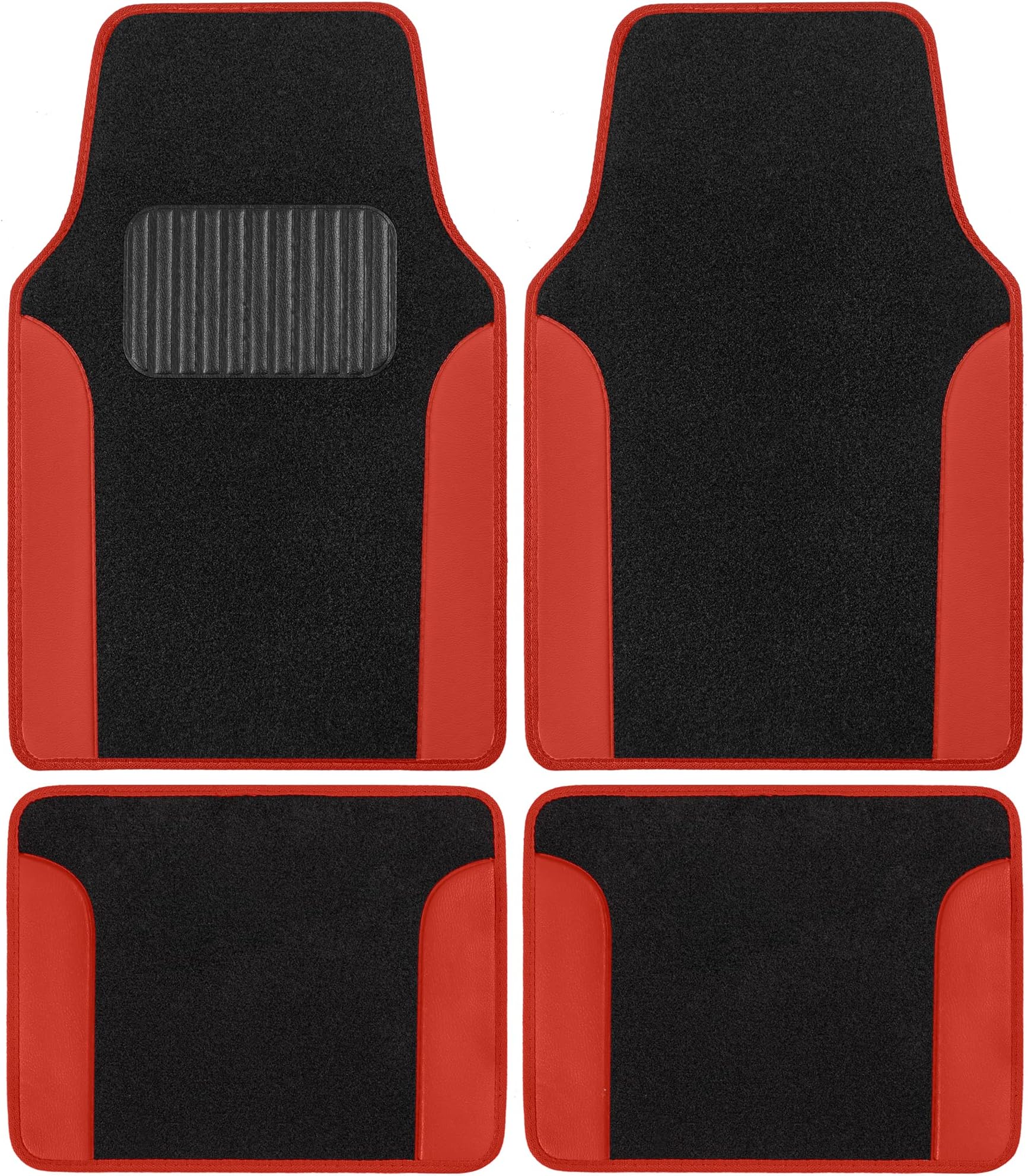 BDK Floor Mats for Cars, Two-Tone Carpet Car Floor Mats with Faux Leather Accents, Automotive Floor Mat Set with Built-In Heel Pad, Stylish Interior Car Accessories (Red)