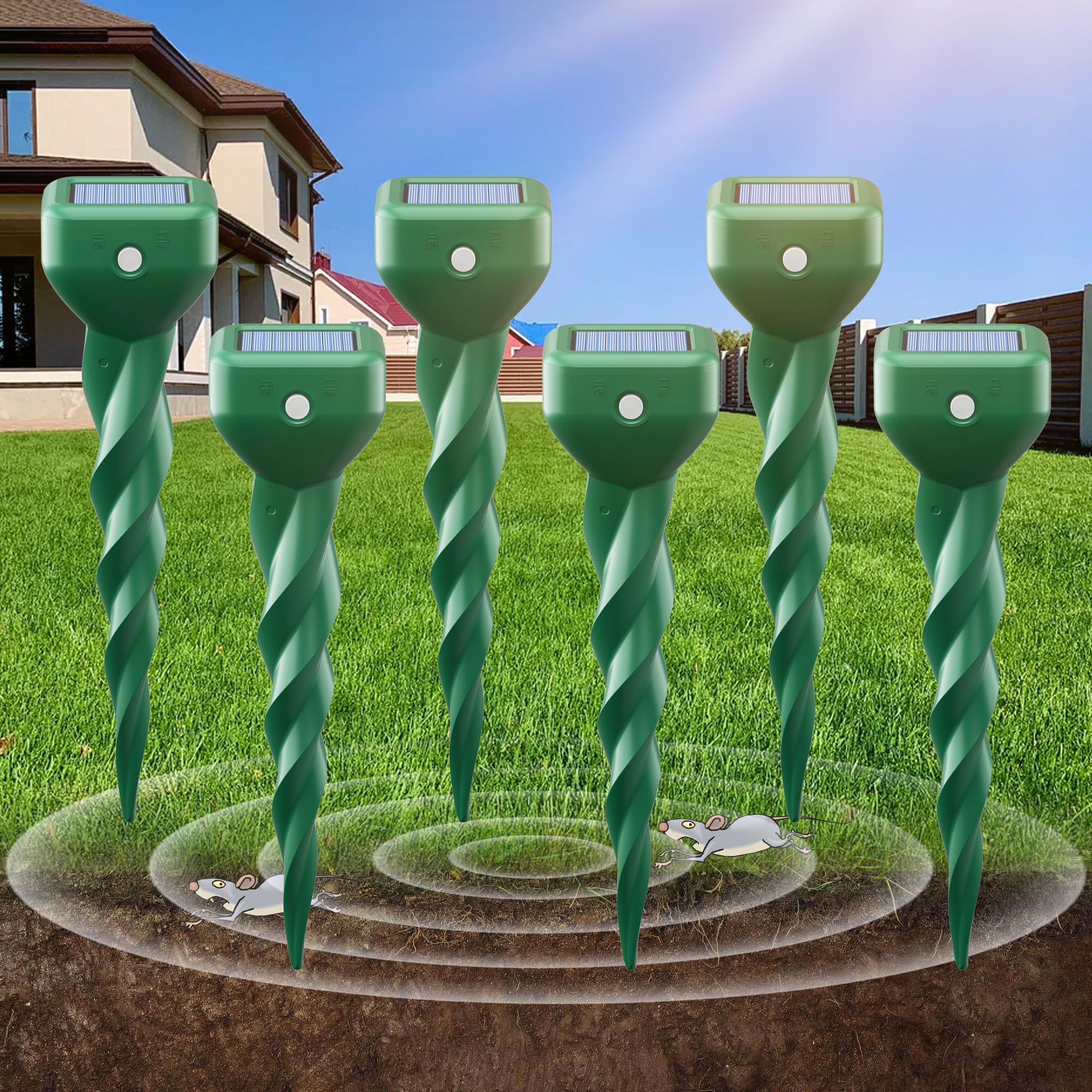 6er Set Maulwurf Vertreiber & Wühlmausschreck Solar, Komplettset zur Vergrämung durch Vibration, Giftfrei und Wetterfest IP67 für Garten, Rasen und Beete