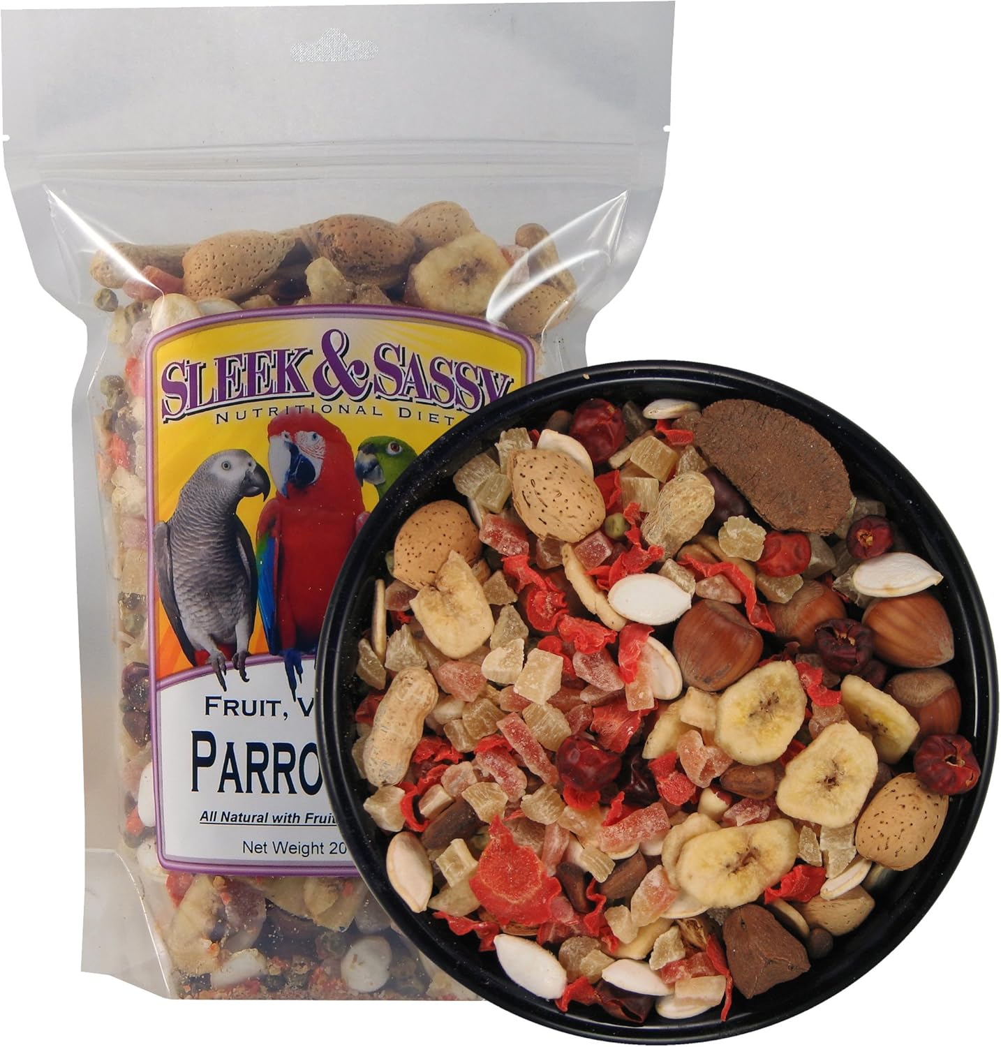 SLEEK & SASSY Fruit, Veggie, Nut Parrot Treat Perfect for Large Conures, Amazons, African Greys, Cockatoos, Pionus-Parrots & Macaws (3 lbs.)