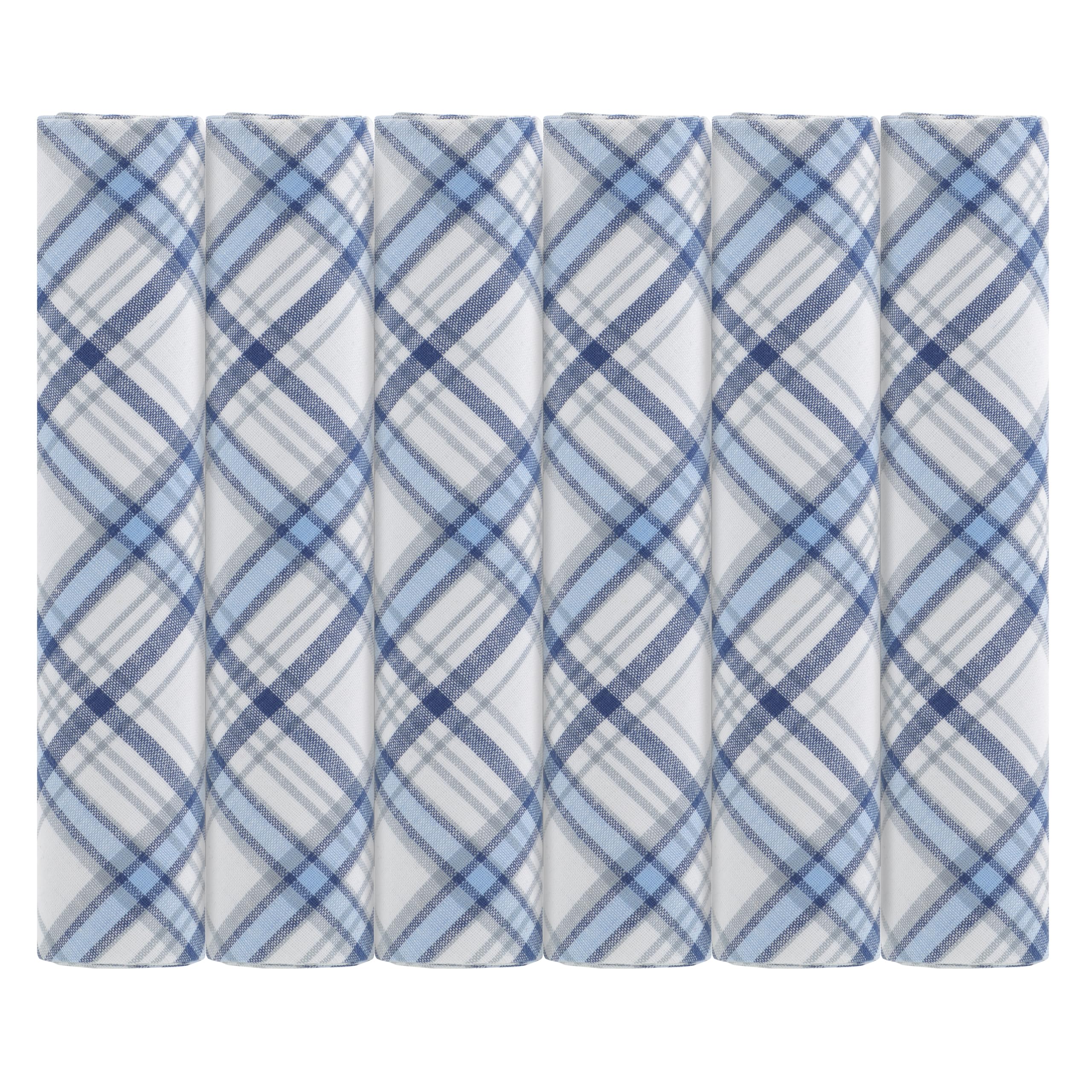 Mandittions Men's 1 Pk White With Mixed Blue Check Pack Of 6 White Cotton Handkerchiefs With Mixed Blue Checks