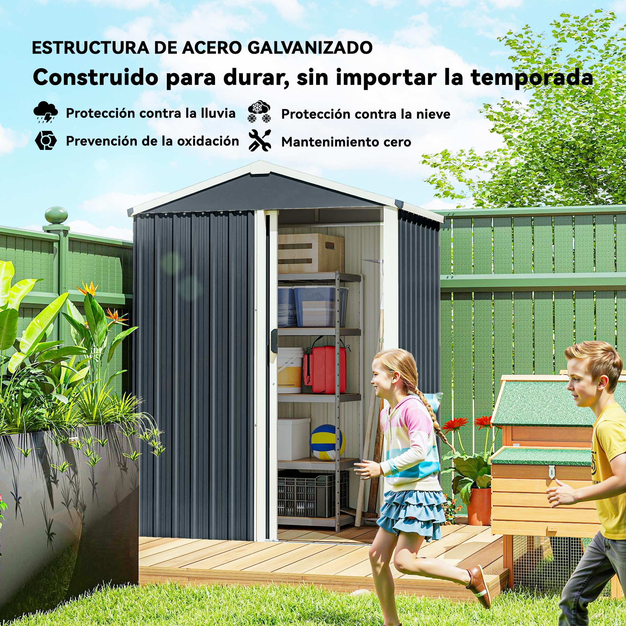 Outsunny Caseta de Jardín Exterior 1,1 m², 136x87x179 cm, Cobertizo de Jardín Exterior Metálico con Puerta Corredera, Techo Inclinado y Guantes, para Almacenaje de Herramientas, Gris Oscuro — view 3