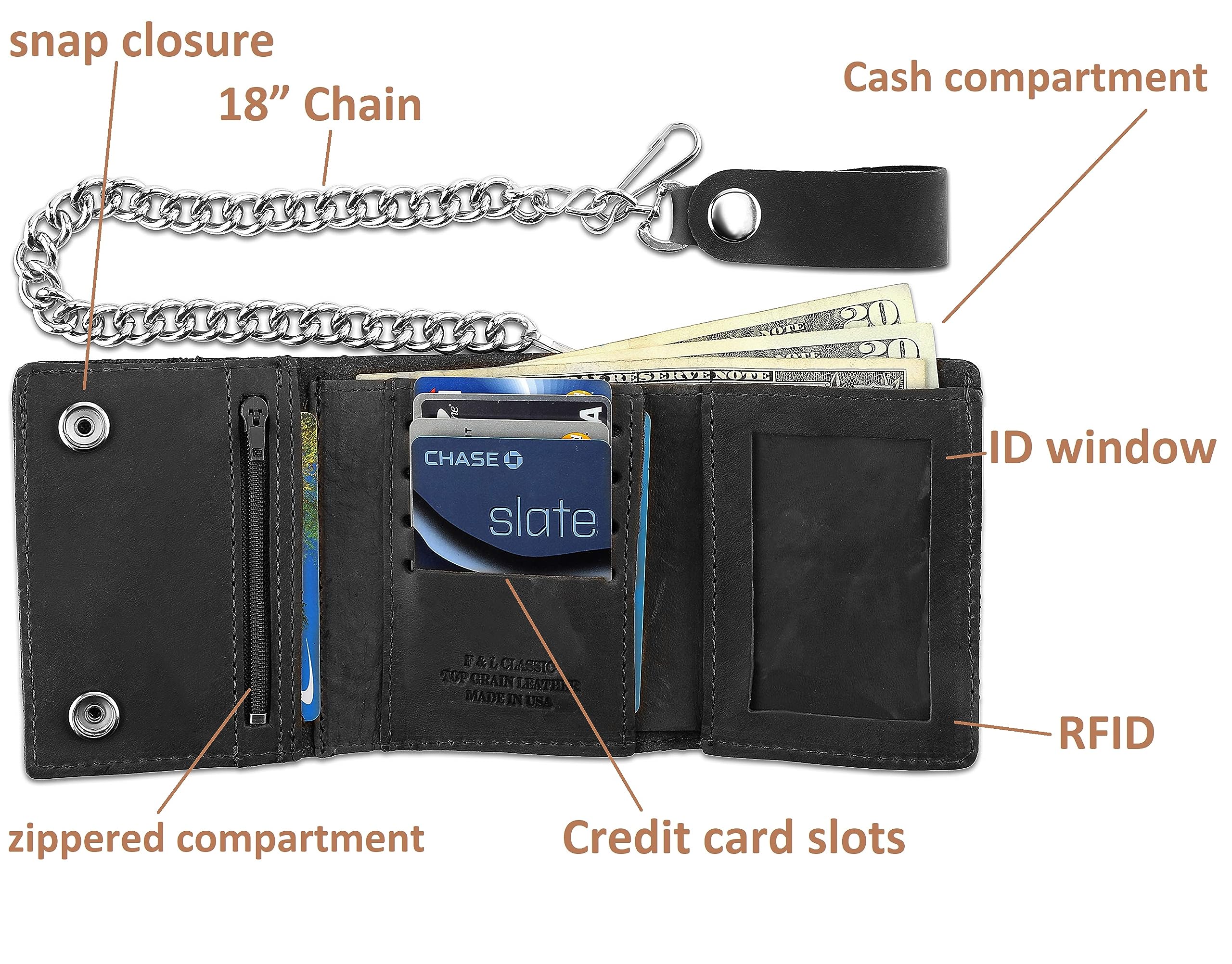 RFID Blocking Men's Tri-fold Vintage Biker Cowhide Leather Steel Chain Wallet,Snap closure, Made In USA,tc315-solid black