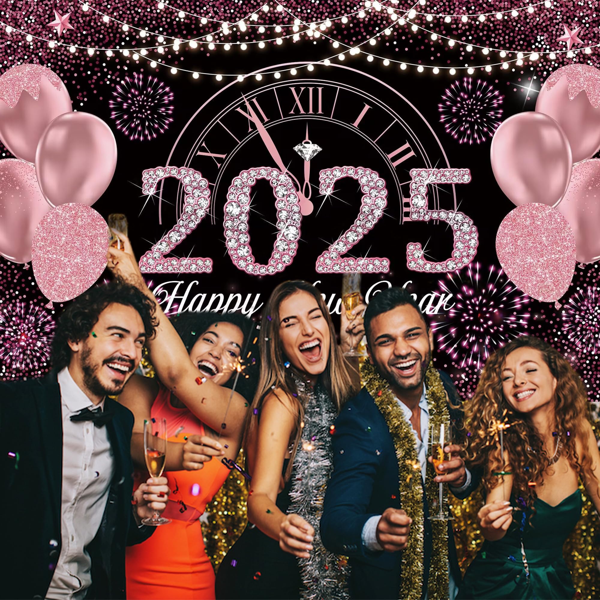 2025 New Year's Eve Large Happy New Year Banner - Indoor and Outdoor Decoration Backdrop (180 x 110 cm), Rose Gold - Image 2