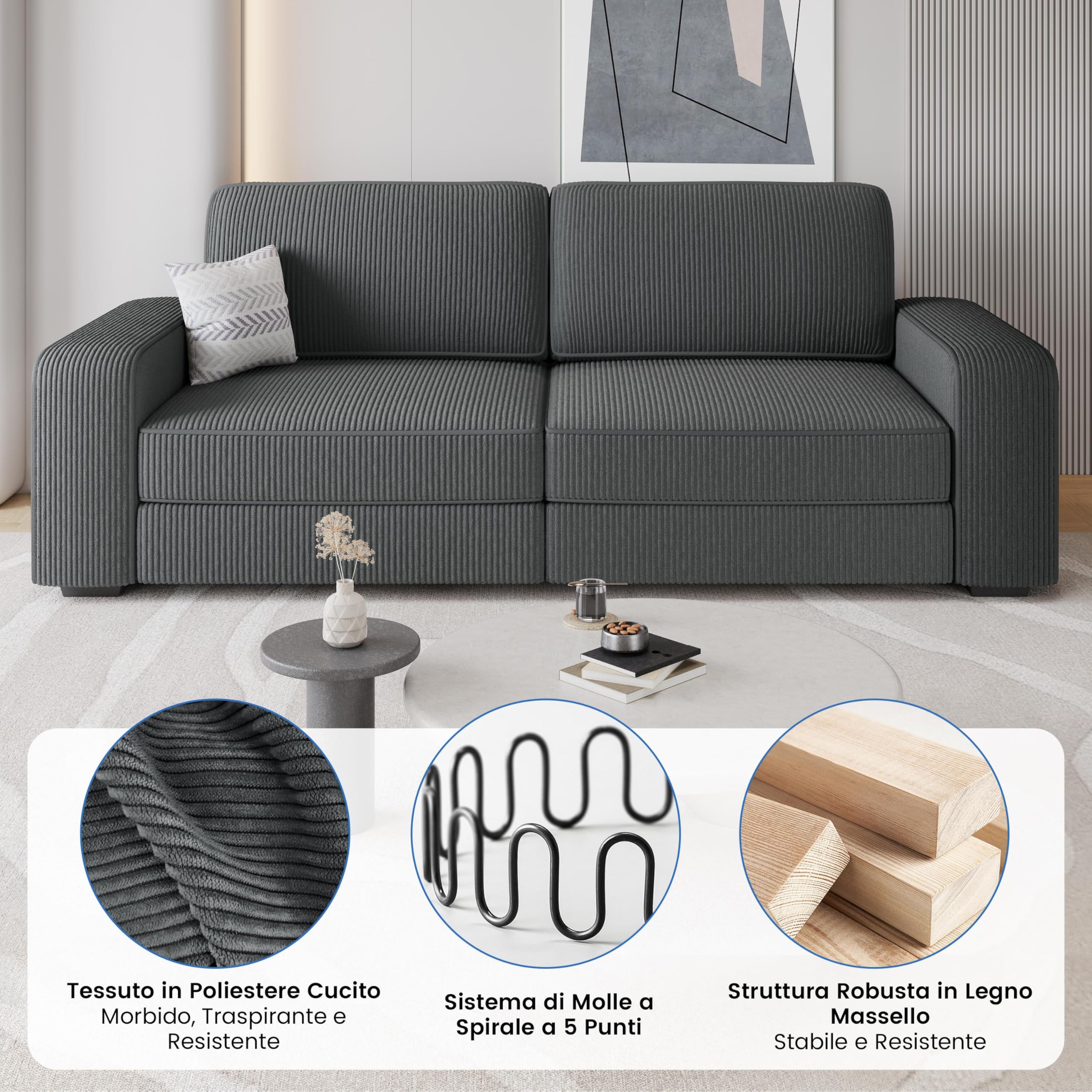 Yaheetech Divano a 2 Posti Divanetto Imbottito con Tasche Laterali | Sofa con Braccioli e Schienale per Salotto Soggiorno 212 × 81.5 × 83.5 cm Grigio/Velluto