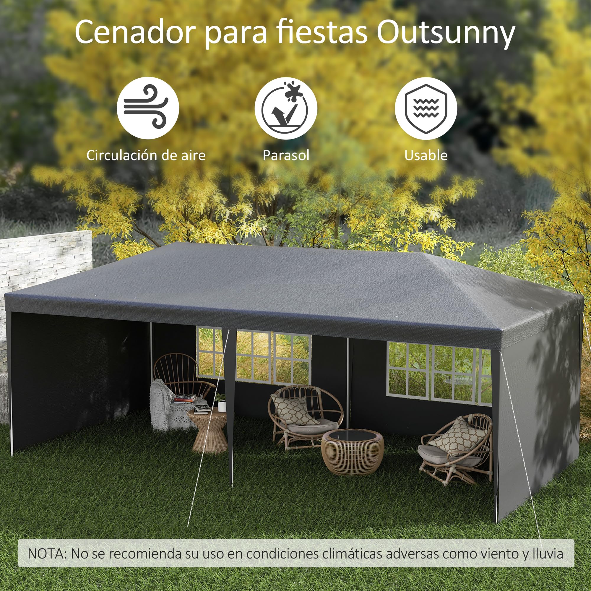 Outsunny Carpa de Jardín 6x3 m Cenador Pabellón de Jardín con 4 Paredes Laterales y 2 Ventanas Visibles, Marco de Acero, Anti-UV, Impermeable, Gazebo para Patio, Exterior, Camping, Gris Oscuro