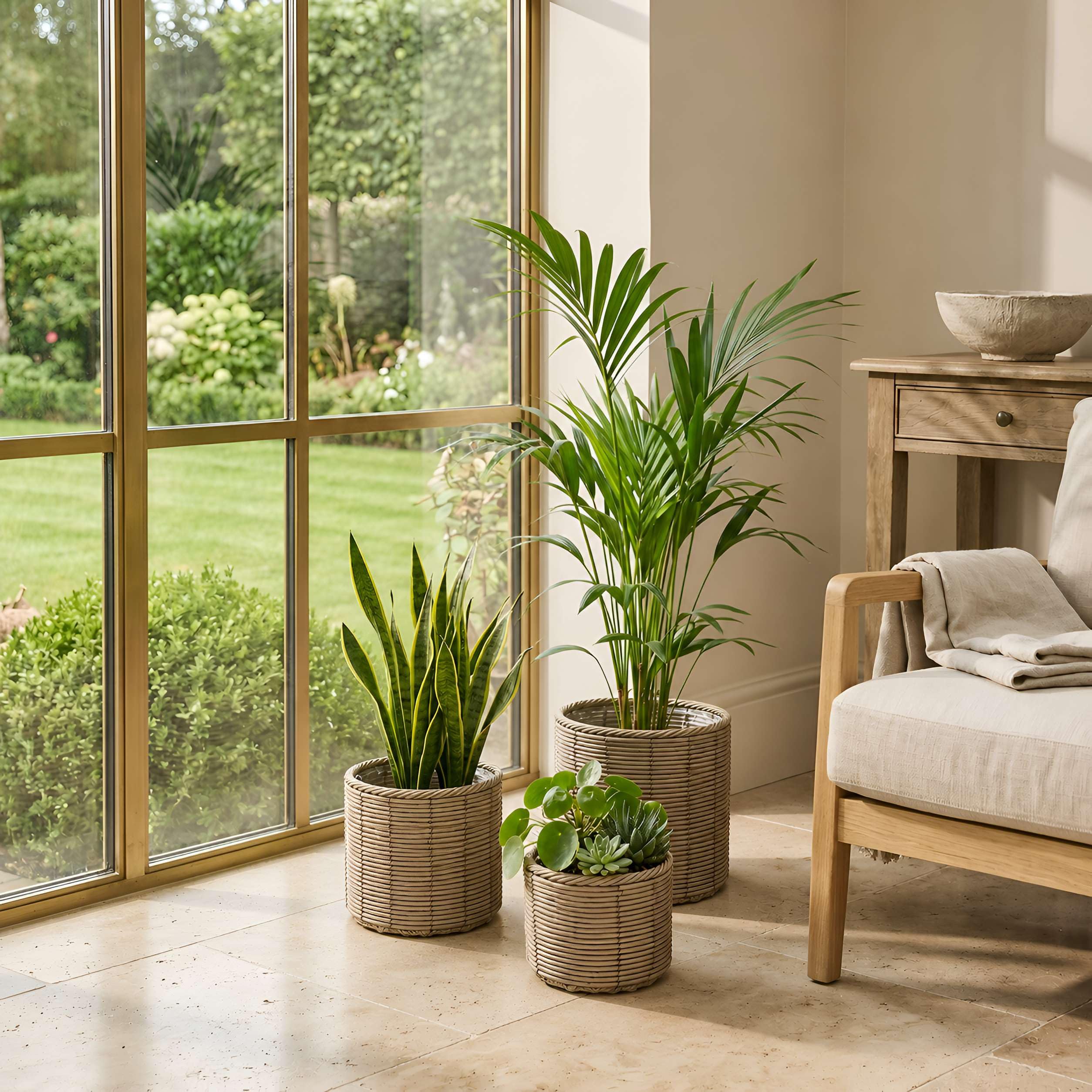 colourliving Gala Pflanzkübel 3er Set Polyrattan, Übertöpfe naturgrau mit Folieneinsatz und Metallrahmen für Wohnzimmer Wintergarten und überdachten Außenbereich (Cylinder - Zylinderform)