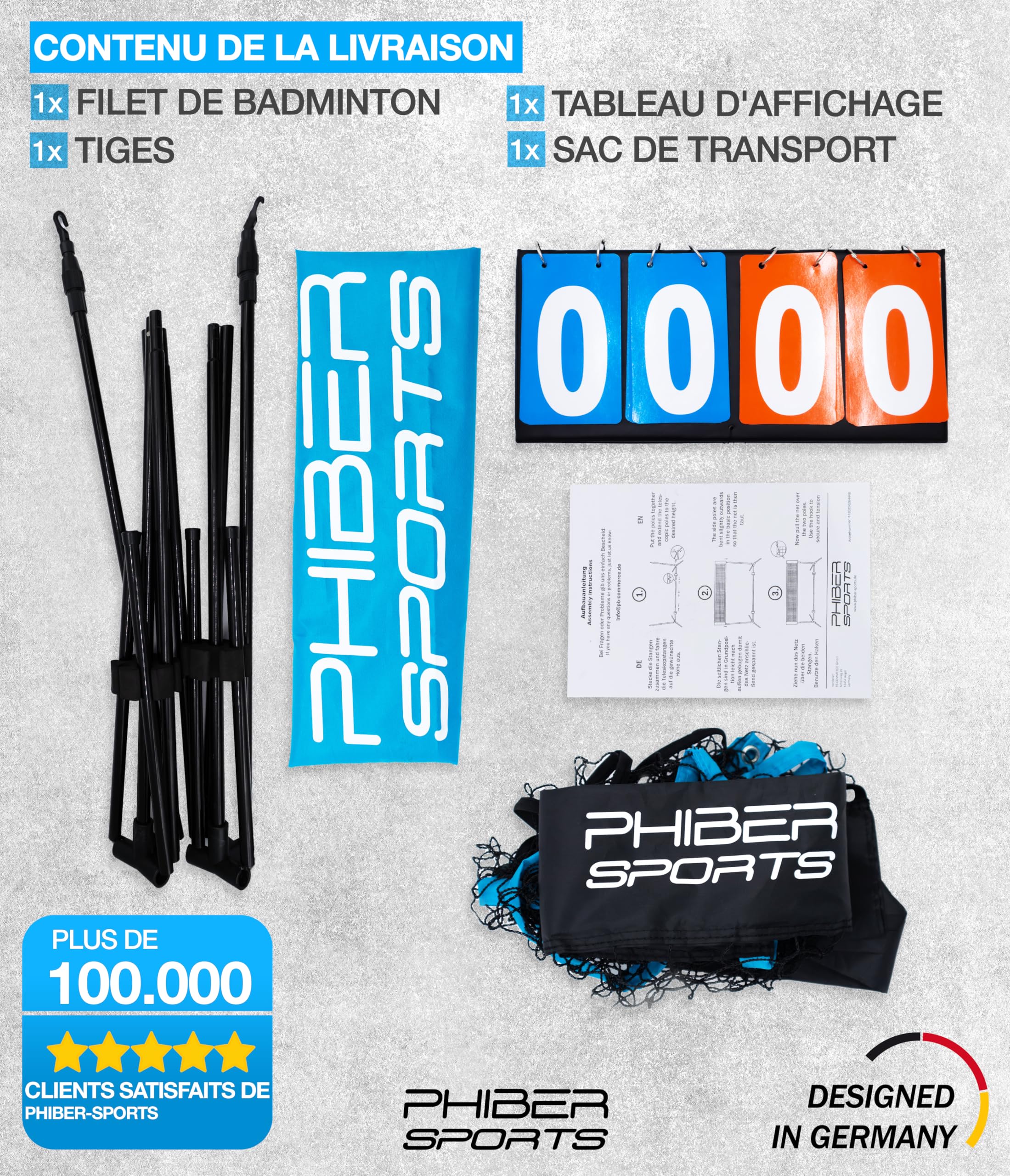 PHIBER-SPORTS Filet de badminton - 420 cm - Réglable en hauteur sur 3 positions + tableau d'affichage - Également comme filet de tennis, filet de volley-ball, piscine et tennis de football - Sac de