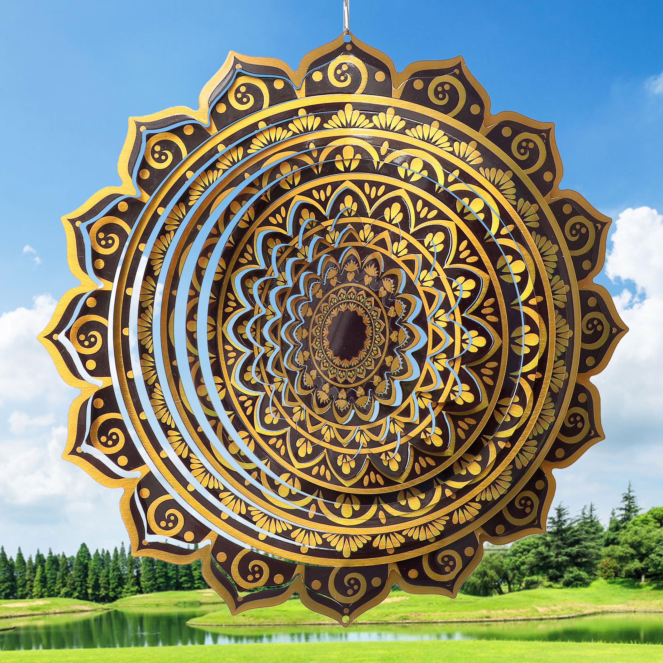 Aoedelyart Wind Spinner Mandala Rich Gold‌,12In Stainless Steel Wind Spinners Outdoor,Garden Gift for Women Mom Father Men Friend,Hanging Wind Sculptures &amp; Spinners Kinetic Yard Art Decorations