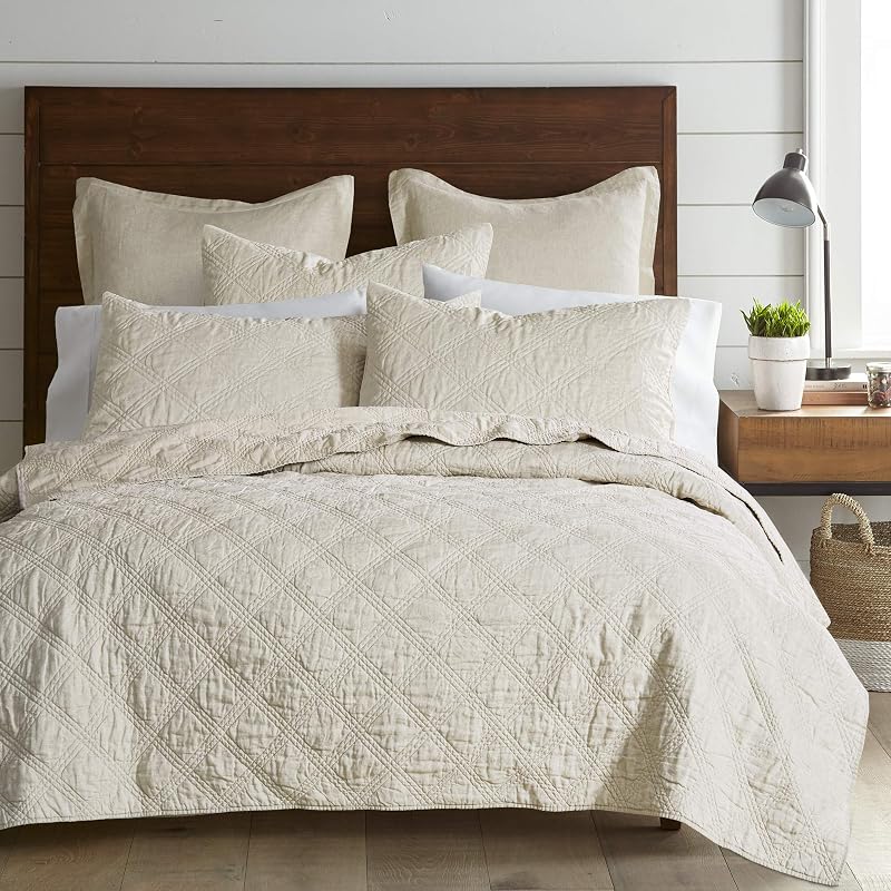 Levtex Home - 100% French Flax Linen Front/100% Cotton Back - King Quilt - French Flax Washed Linen - Natural - Quilt Size (106 x 92in.)