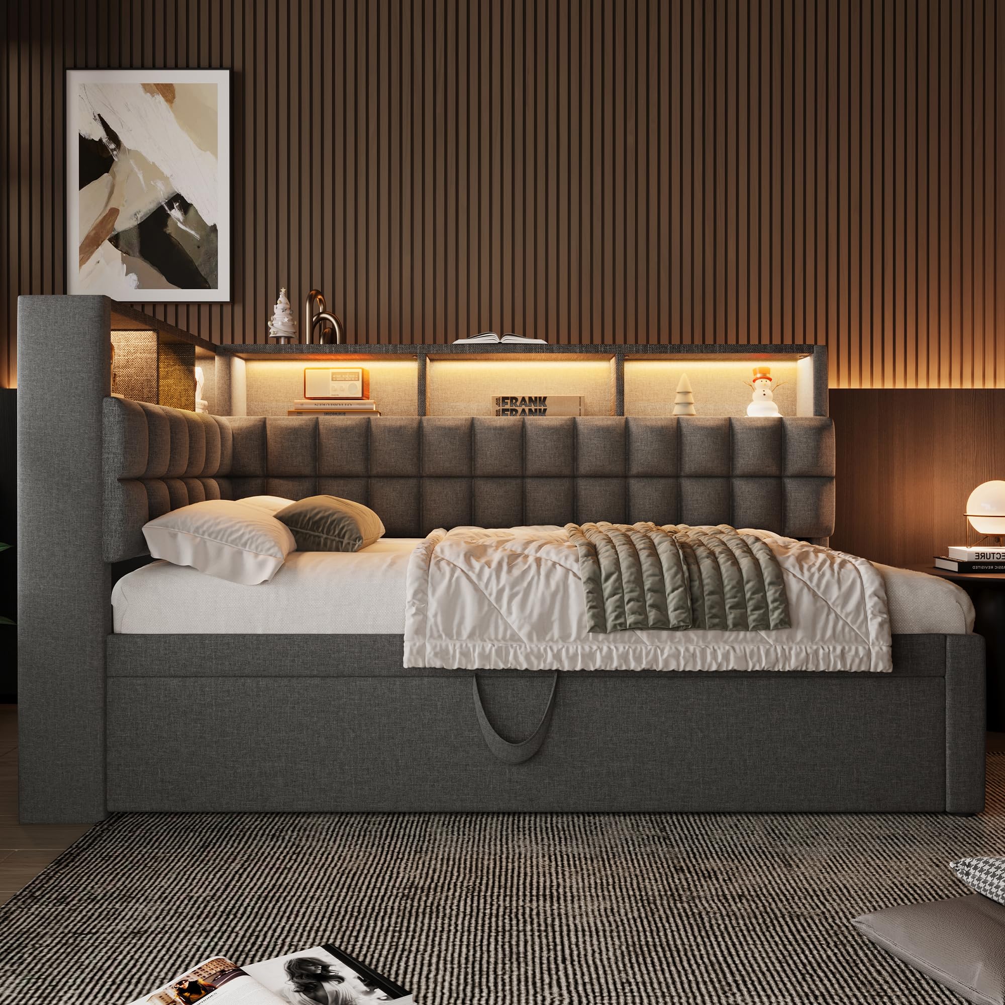 Cama tapizada de 90 x 200 cm, cama de día con cama nido, sofá cama con LED y puerto de carga USB y tipo C, altavoz Bluetooth, cabecero en L con estante de almacenamiento, lino, sin colchón (gris
