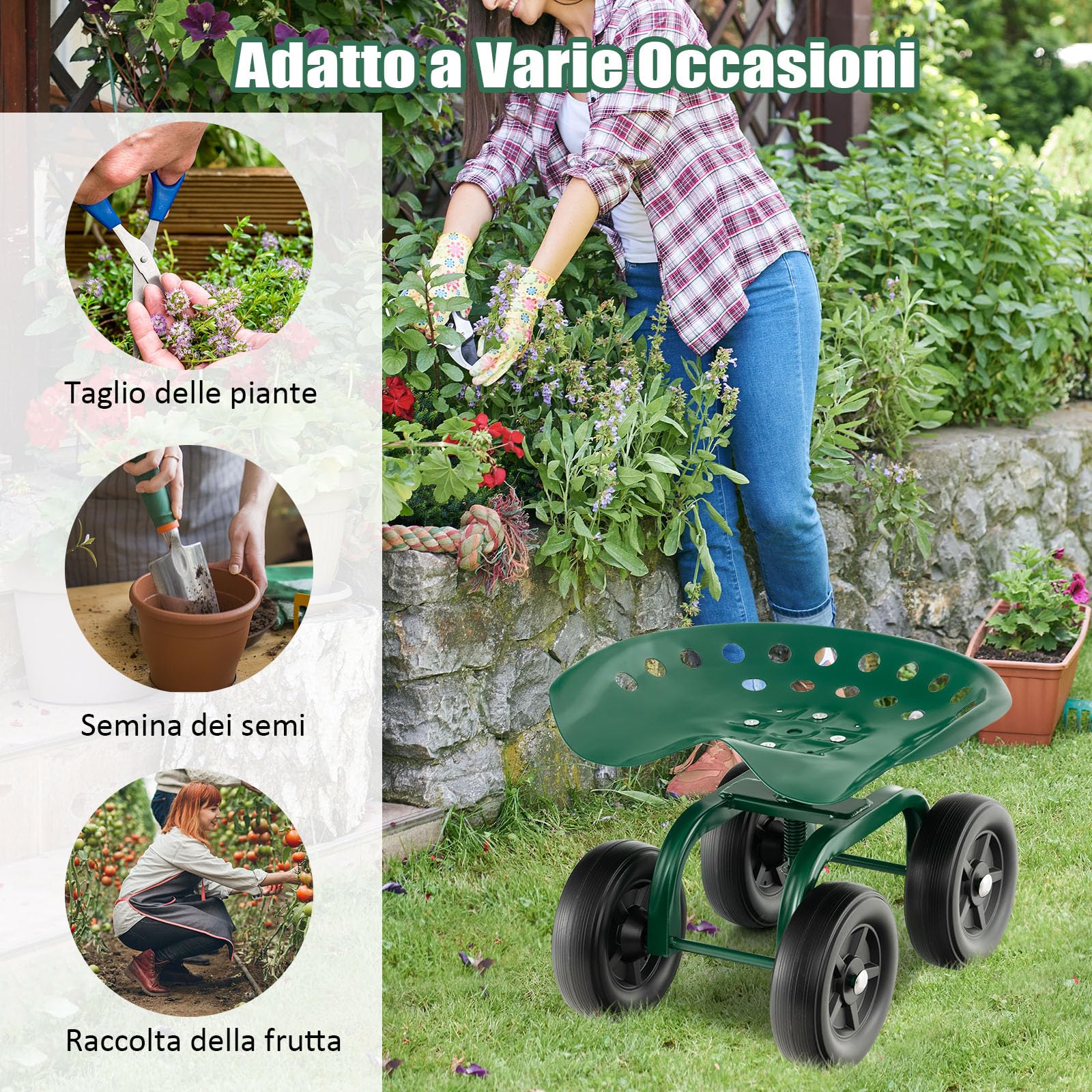 GYMAX Sgabello da Giardino con Ruote, Sedile da Lavoro Regolabile in Altezza per Giardinaggio