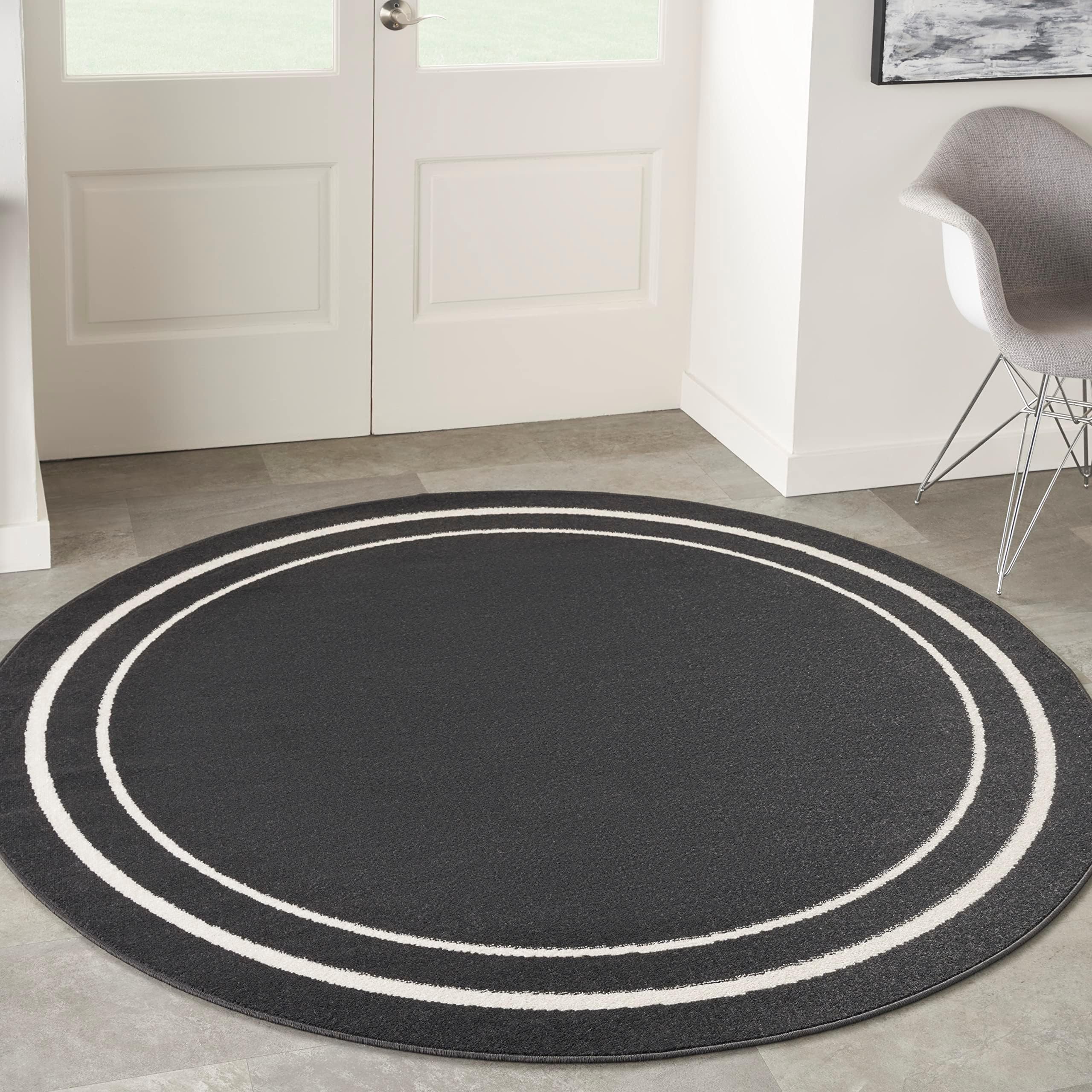 Essentials Indoor/Outdoor Solid Bordered Black Ivory 4' x Round Area Rug, Easy Cleaning, Non Shedding, Bed Room, Living Room, Dining Room, Backyard, Deck, Patio (4 Round)