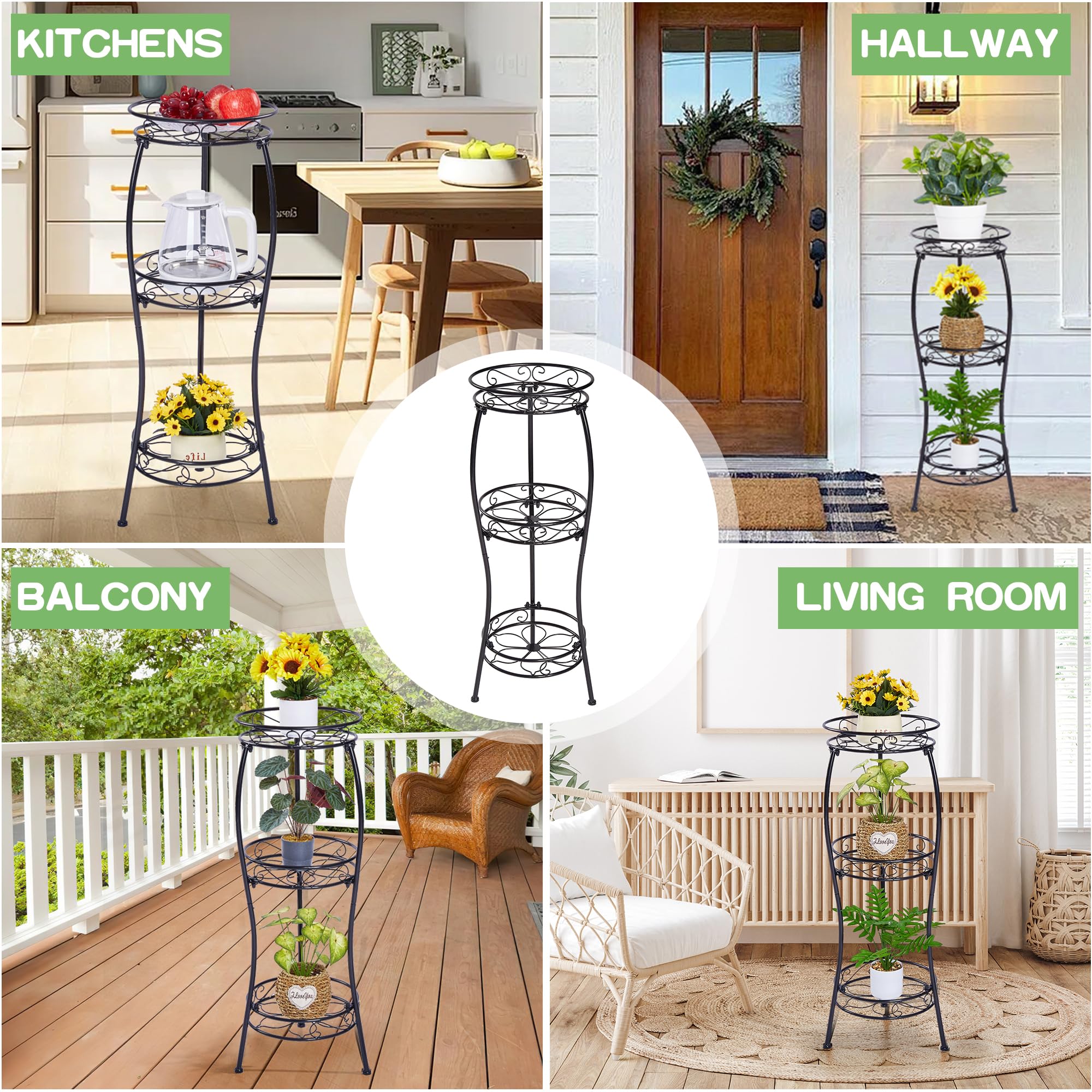 VECELO Supporto per piante da esterno a 3 ripiani in metallo, antiruggine, stabile, in ferro, alto 85,9 cm, decorativo, multiplo e resistente, per angoli, patio, balcone, giardino, nero