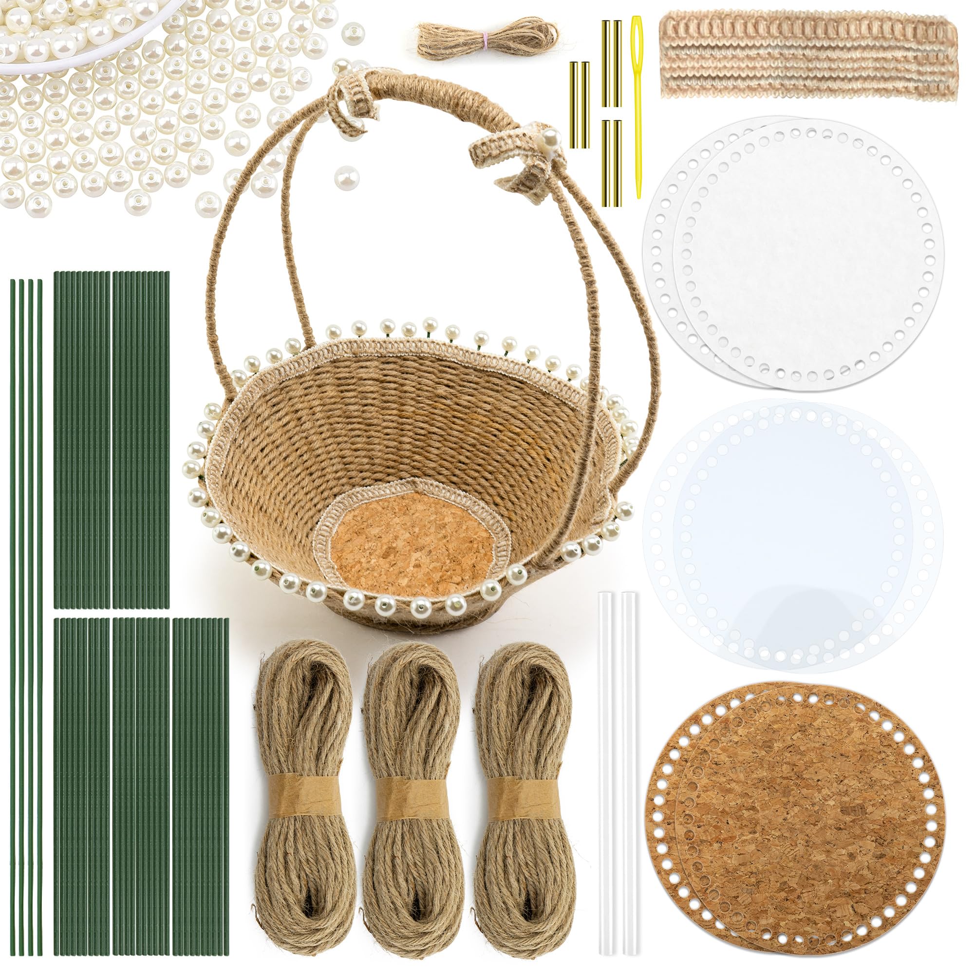 AOUXSEEM Basket Weaving Kit for Beginners,DIY Woven Picnic Hamper with Handle,Fruit Flower Basket Making Supplies 4mm Jute Twine and Stem Wires,Easy to Follow