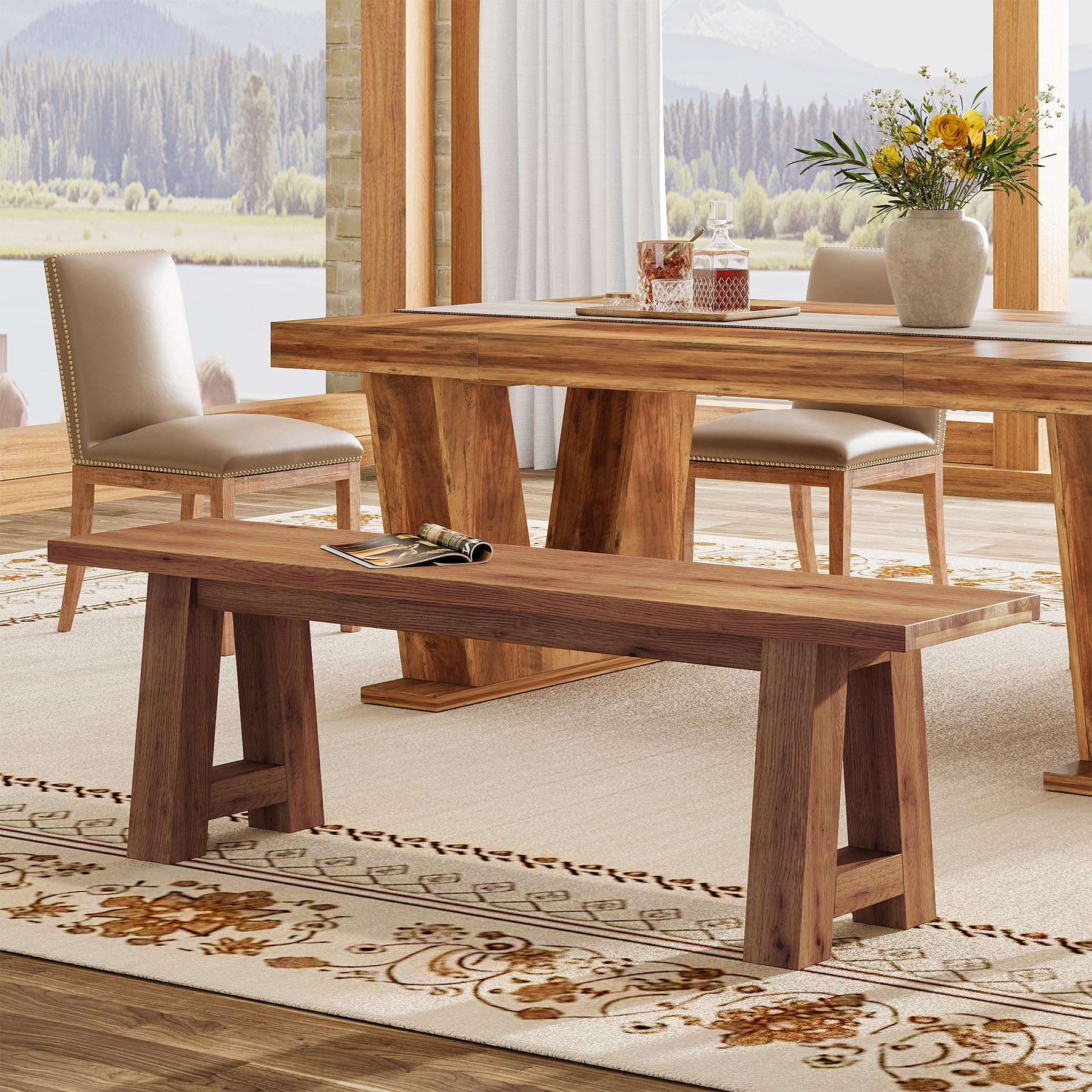 Solid Wood Dining Bench with A-Shaped Legs | 55.12-Inch Farmhouse Entryway Bench Indoor for Hallway, Kitchen, Dining Room, Living Room (Brown)