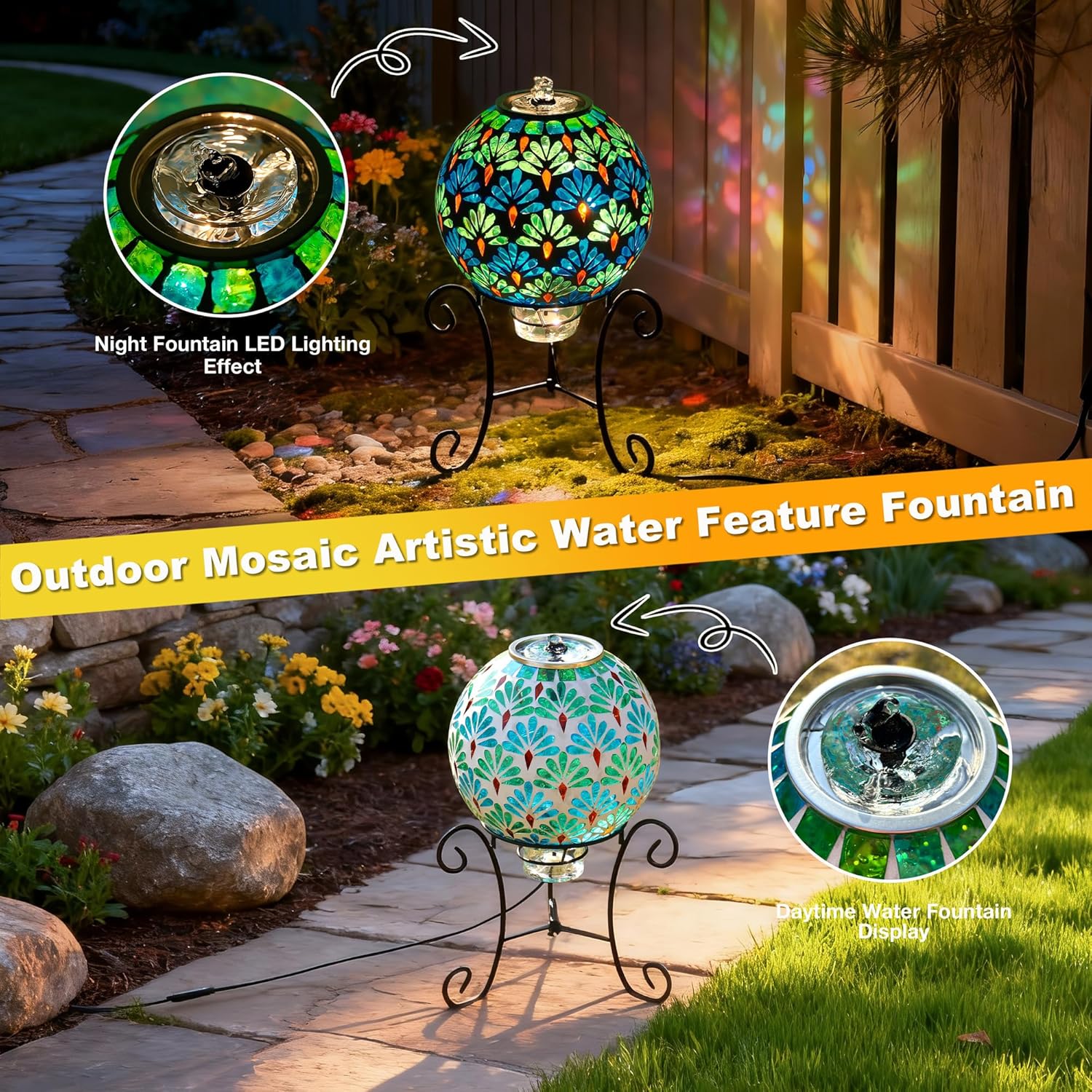 SAVENNA Mosaic Glass Fountain, Floor-Standing Lighted Water Feature with Quiet Pump, Indoor/Outdoor Decorative Accent Lighting for Garden & Patio, Fan-Inspired Multicolor Mosaic Sphere