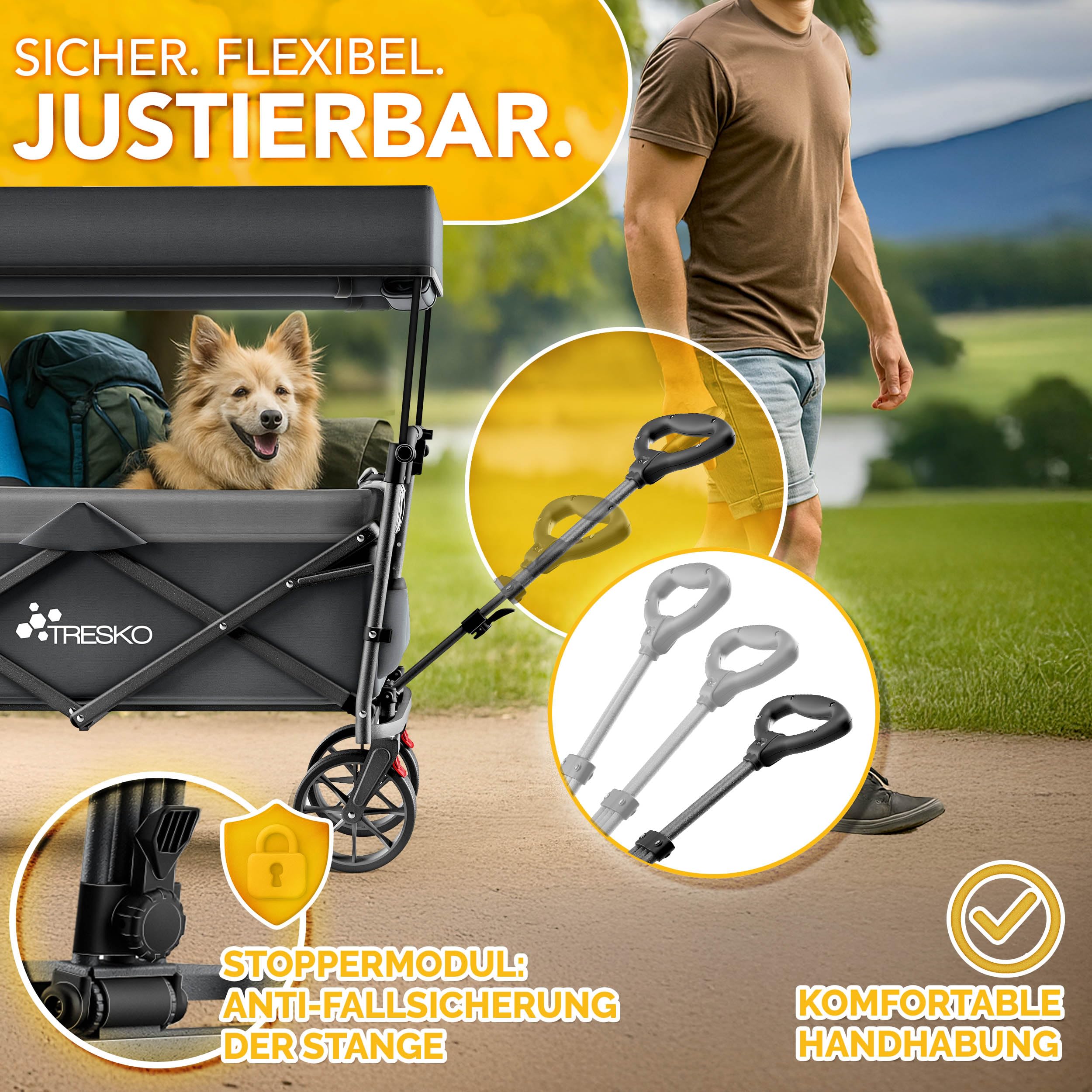 TRESKO® Bollerwagen Faltbar mit Dach, Kühlfach & Seitenrollos | Handwagen max. belastbar bis 150kg | Transportwagen mit Vollgummireifen & Feststellbremsen (Vorne & Hinten) und 3-Punkt-Gurt (Anthrazit)