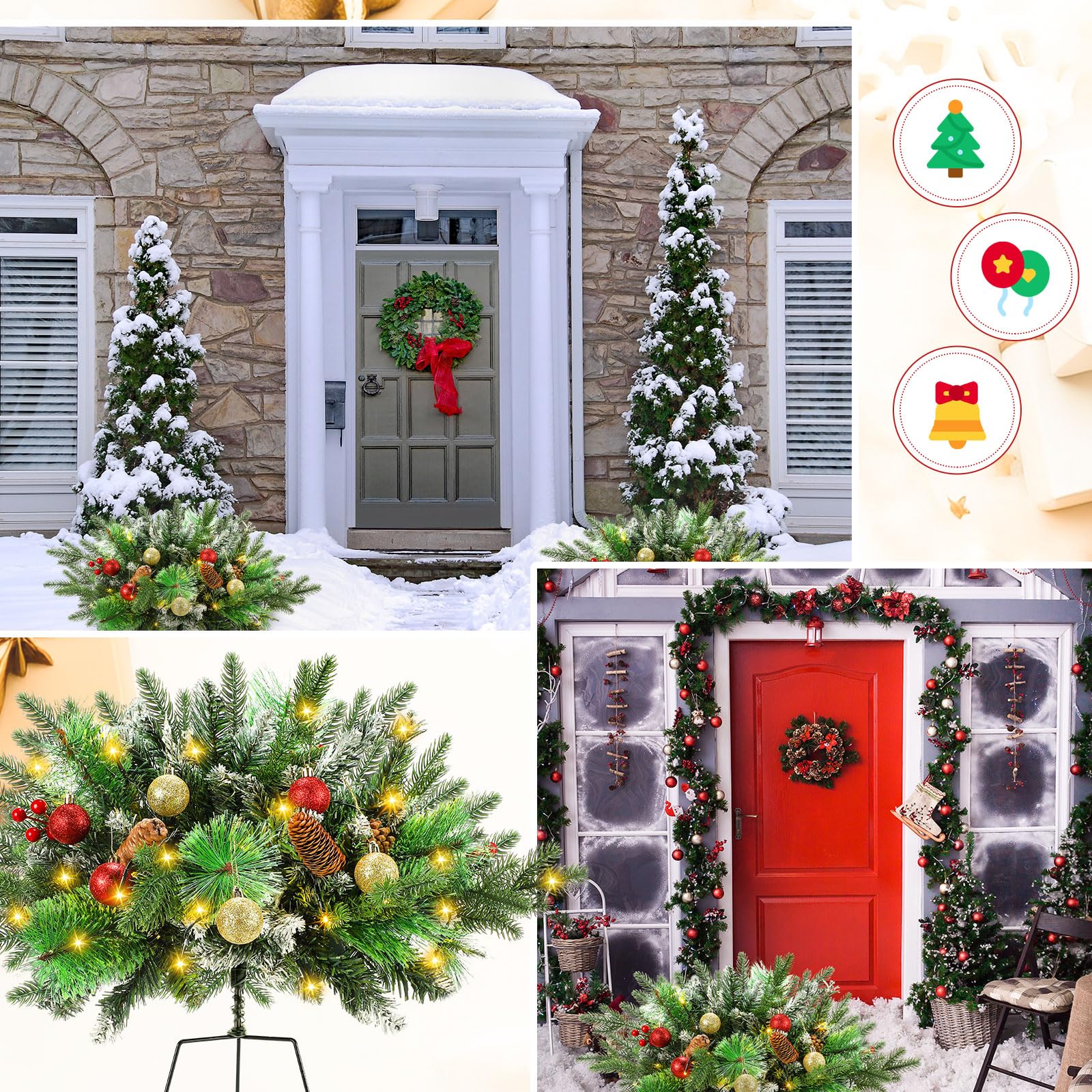 Hollowfly Lot de 2 urnes de Noël artificielles éclairées de 63,5 cm avec cônes et baies rouges - Décoration de Noël avec 70 lumières LED - Trépied