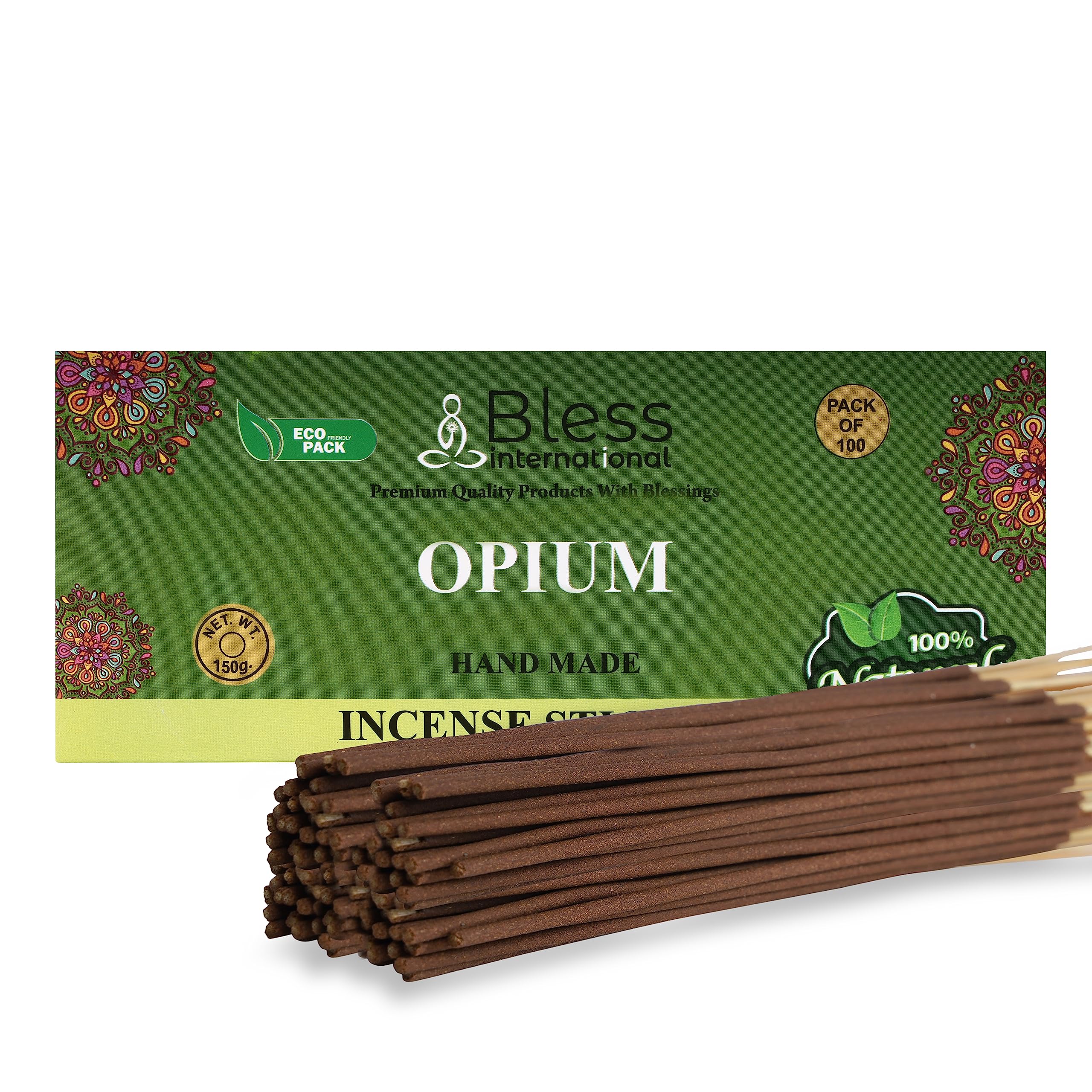 Bless-Opium 100%-Natural-Handmade-Hand-Dipped-Incense-Sticks Organic-Chemicals-Charcoal-Free Purification-Relaxation-Positivity-Yoga-Meditation Best-Woods-Scent (100 Sticks(150GM))