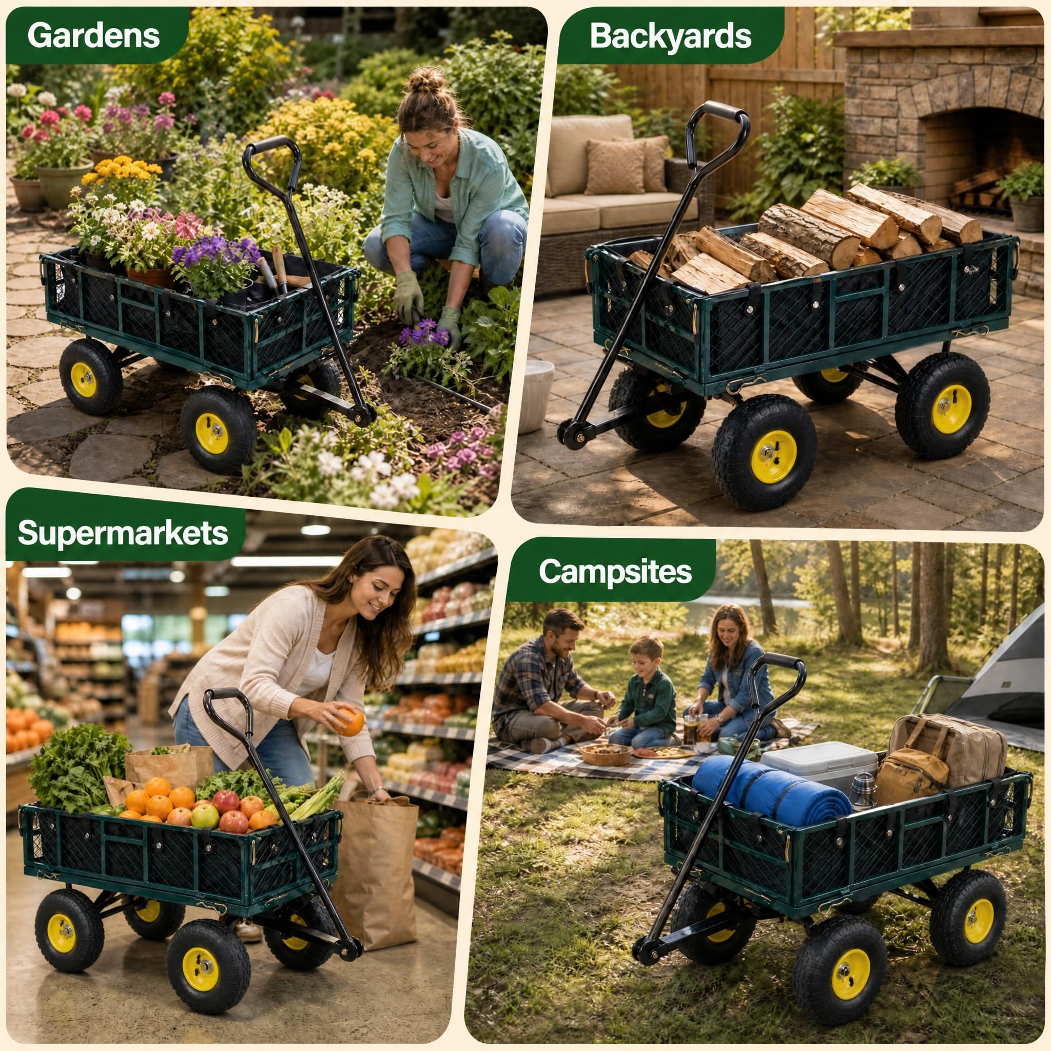 HOMASIS Carrello da Giardino Portatutto con 4 Ruote Grandi, Maniglia Regolabile, Rete Rimovibile, Fodera, Carretto Trasporto Porta Attrezzi, Carriola a Mano per Spiaggia, Campeggio, Portata 410 kg