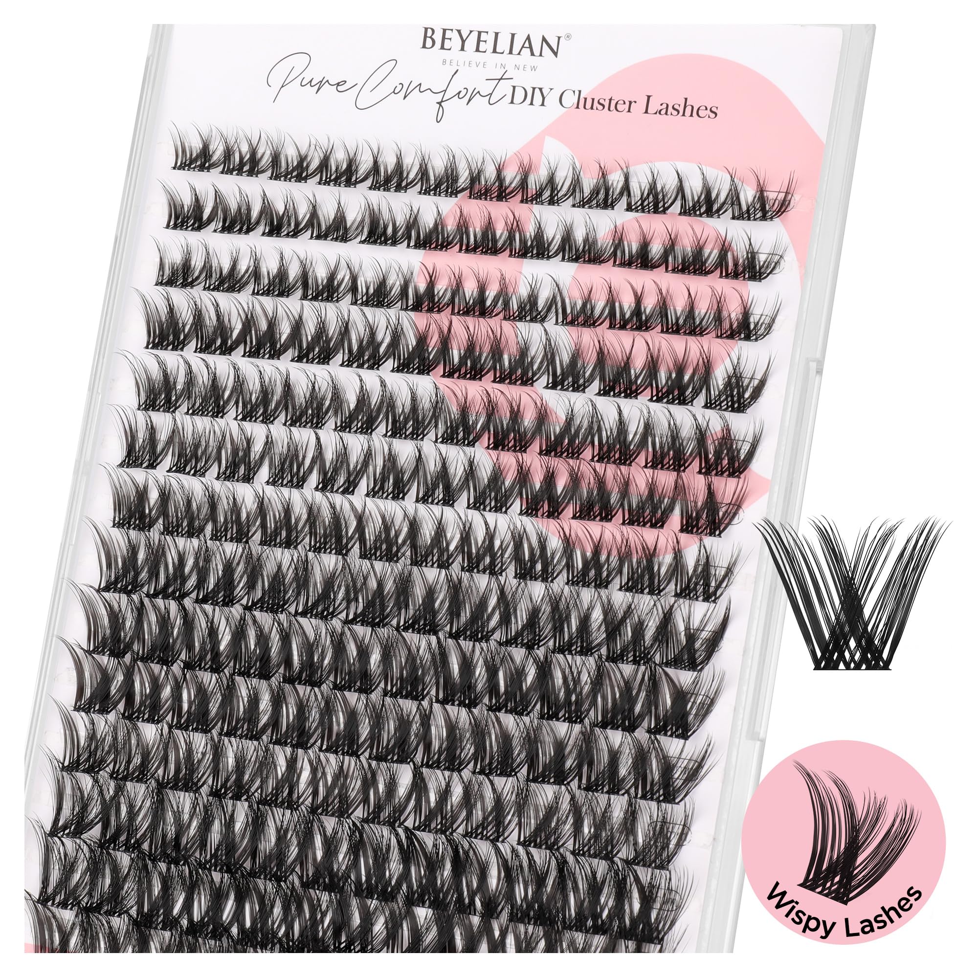 BEYELIAN Cluster Lashes, D Curl Cluster Eyelash Extensions, 168 Pcs Wispy Natural Look Lash Clusters Super Thin Band