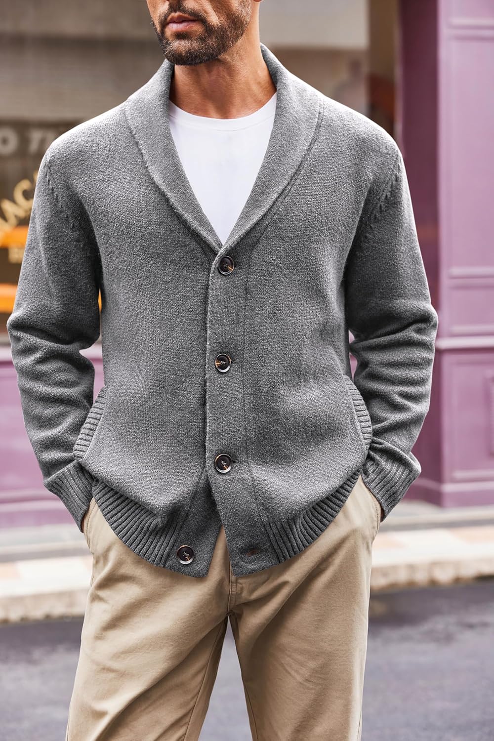 Runcati Mens Shawl Collar Cardigan Sweater Casual Button Down Winter Ribbed Chunky Knitted Sweaters - Image 2