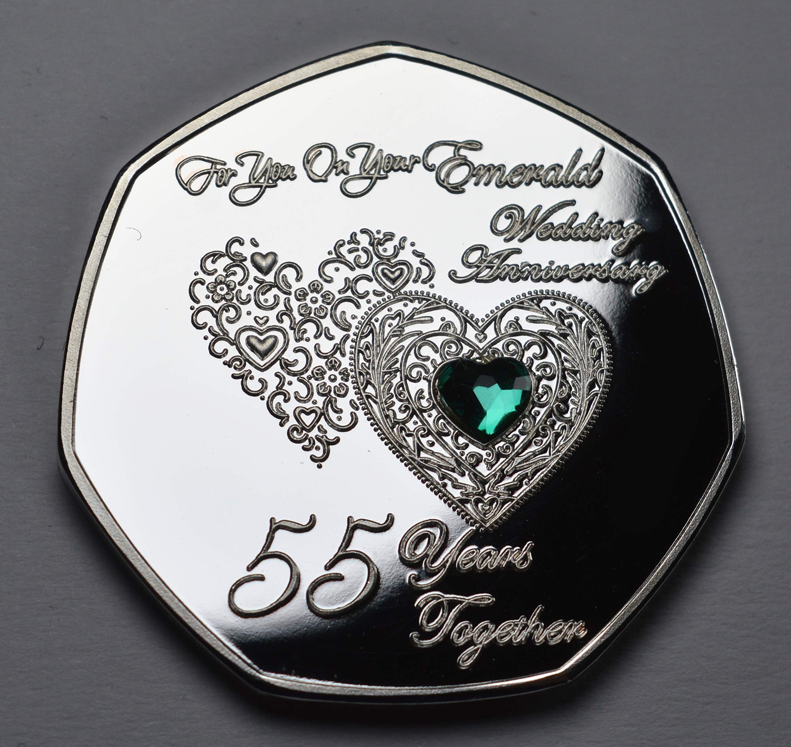 The Commemorative Coin Company Pair of 55TH EMERALD WEDDING ANNIVERSARY Silver & 24ct Gold Commemoratives with Diamante Gemstones. Display/Presentation Stand. Gift/Present 55 Years Together - Image 3