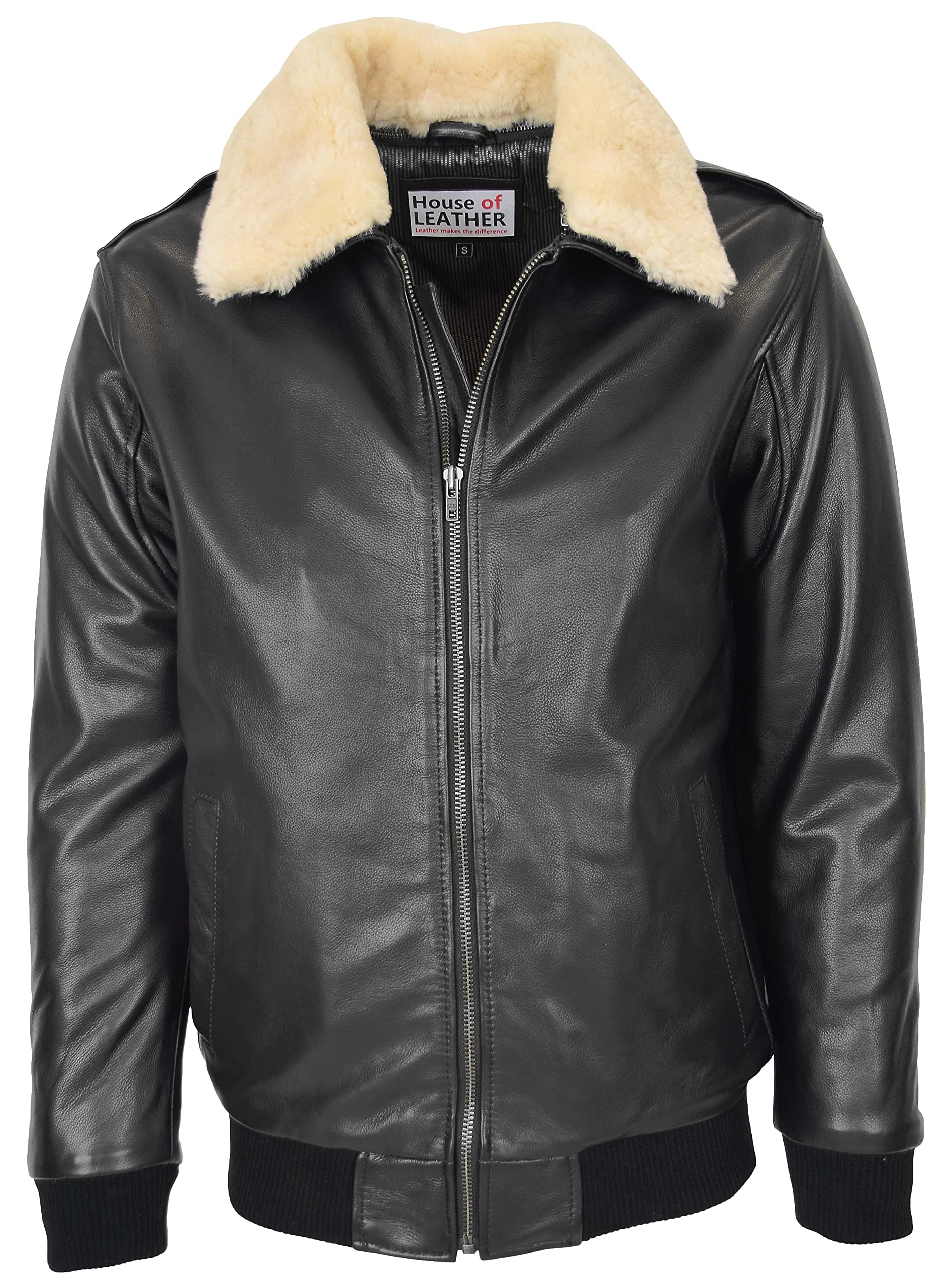 Mens Leather Bomber Jacket Detachable Collar Aviator Pilot Style Viggo Black (3XL)