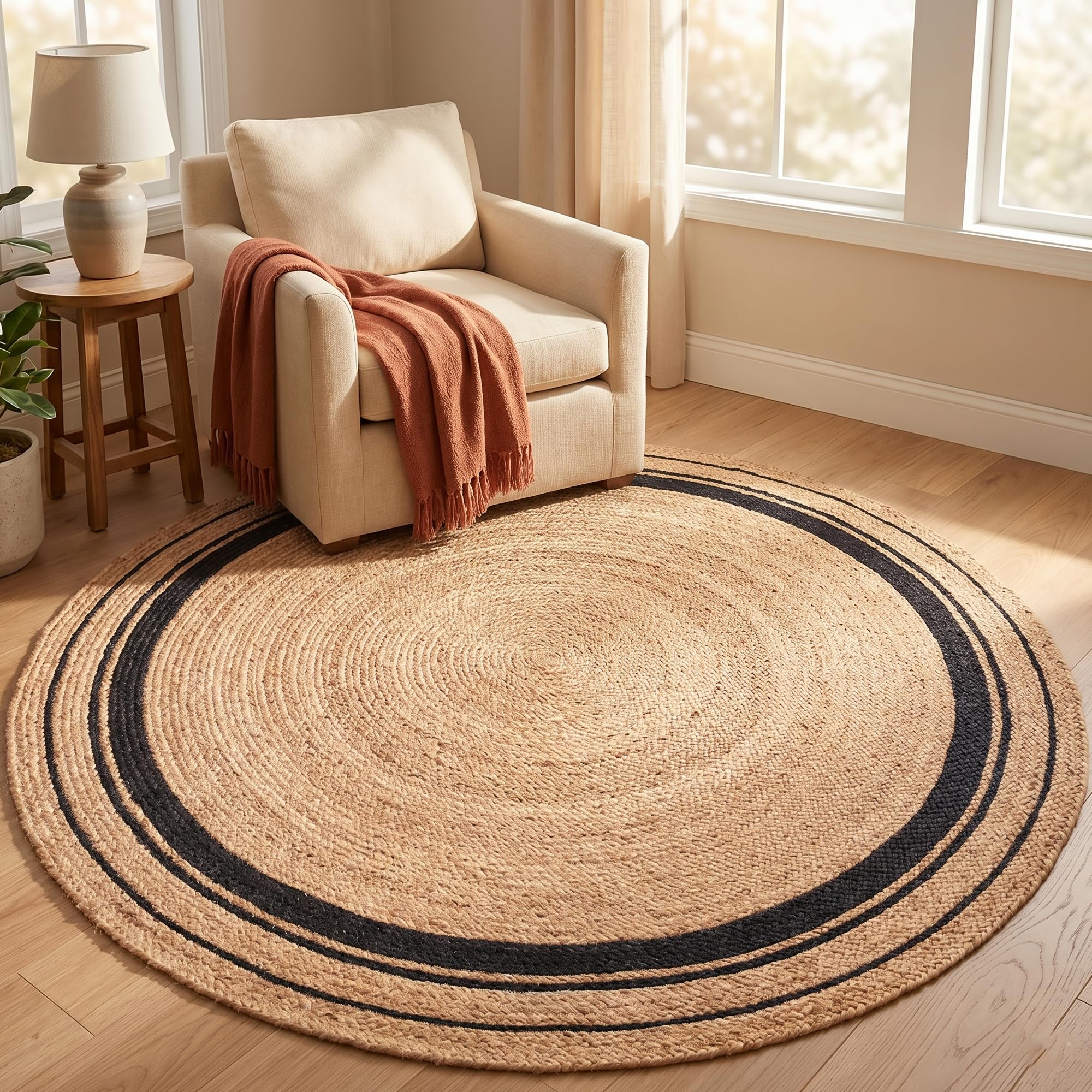 Tapis rond en jute bohème tapis rustique épais de 0,7 cm pour salon et chambre
