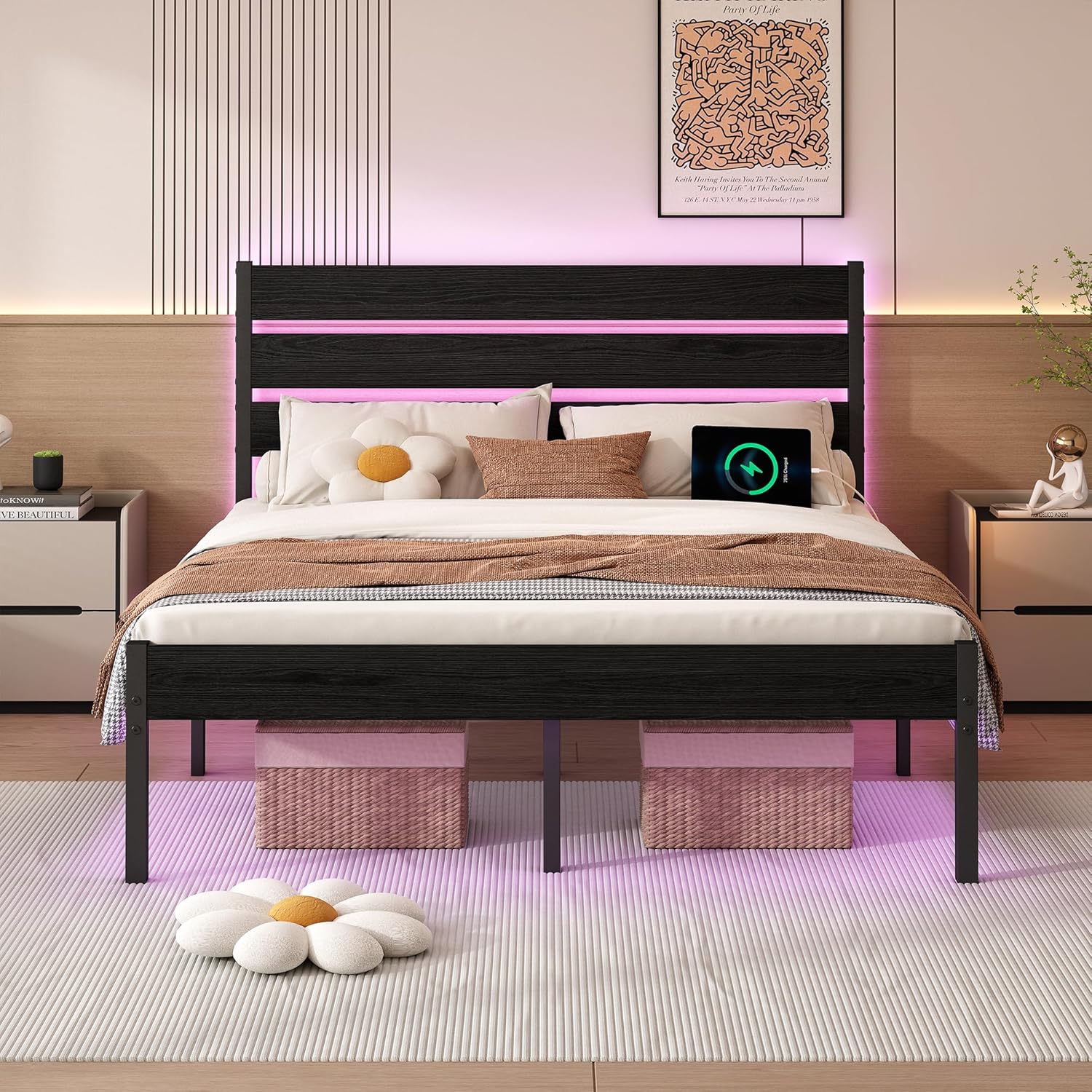 Full Size Bed Frame with Headboard,Heavy Duty LED Bed Frame with USB Charging Station,Mattress Foundation-Under Bed Storage, No Box Spring Needed, Noise Free?Black Full Black