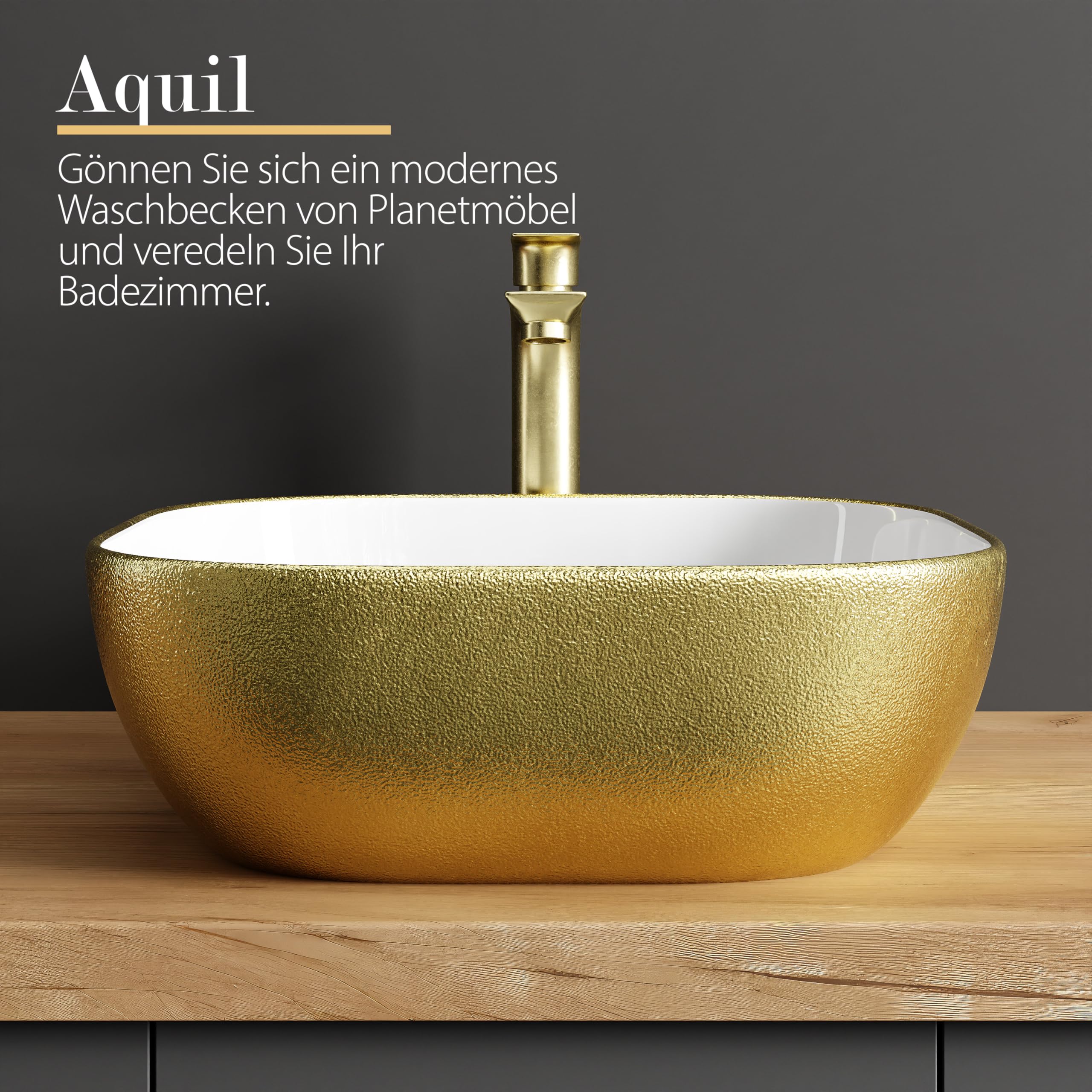 Planetmöbel Aquil Deluxe Lavabo ovale, à poser, pour salle de bain et WC d'invités, sans trou de robinetterie et trop-plein, doré, blanc, 42,5 x 42,5 x 14 cm