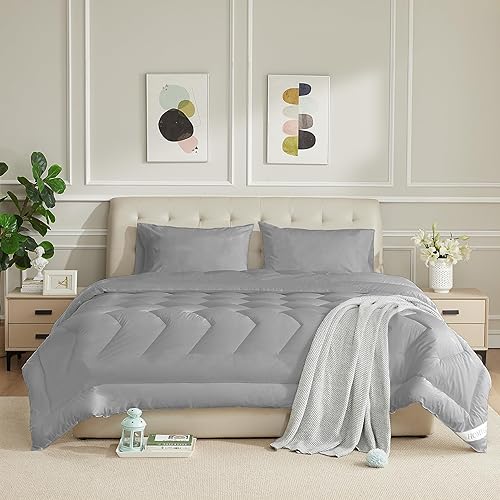 Miniatura 10 de Edredón de algodón tamaño California King, relleno alternativo de plumón blanco, 100% algodón, acolchado y esponjoso, ligero, para todas las