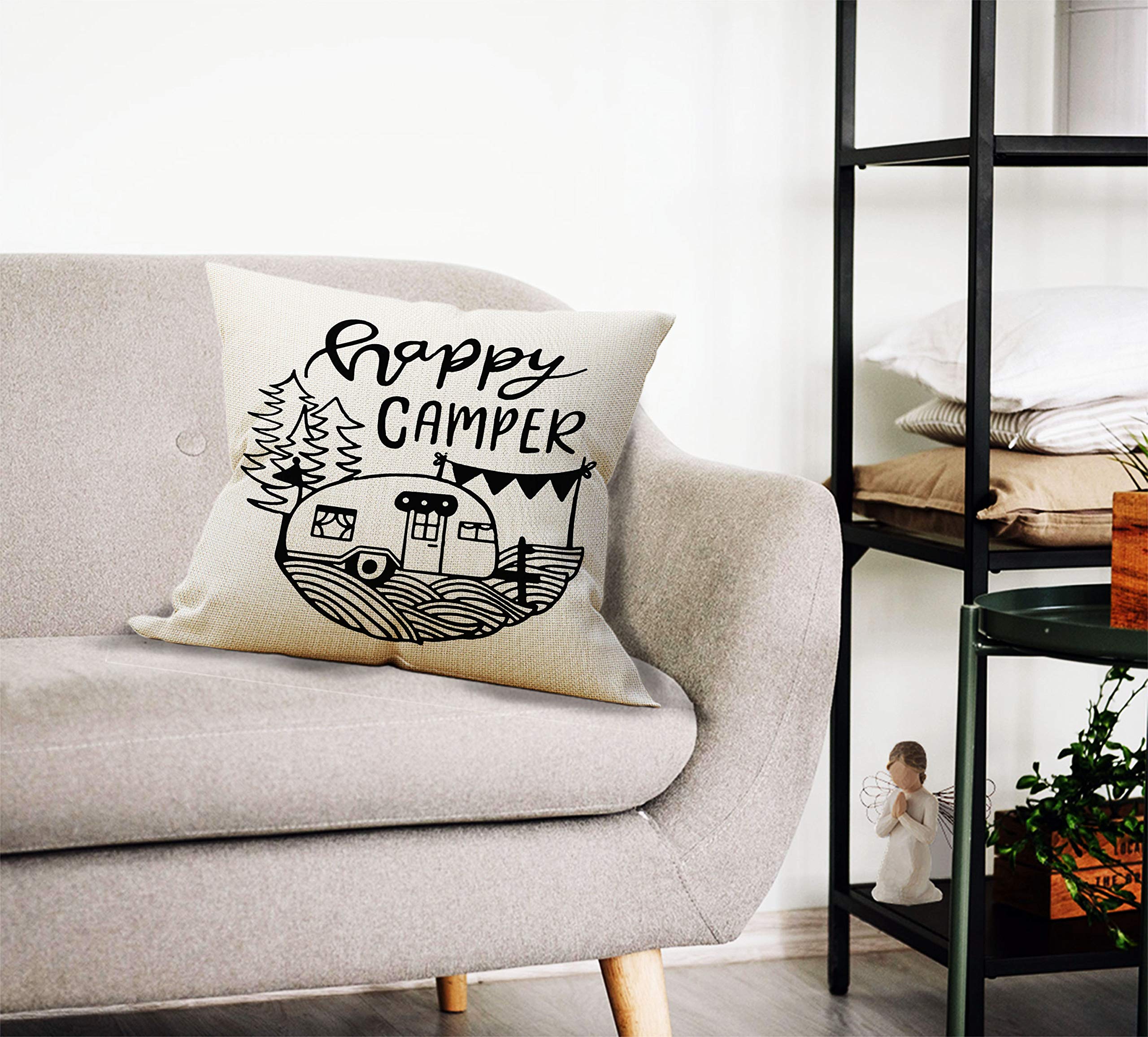 HUYAW Happy Camper Camping Welcome Decorative Throw Pillow Covers Adventure Awaits Pillow Cases Set Of 4 18 X 18 Inch Home Rv Decor