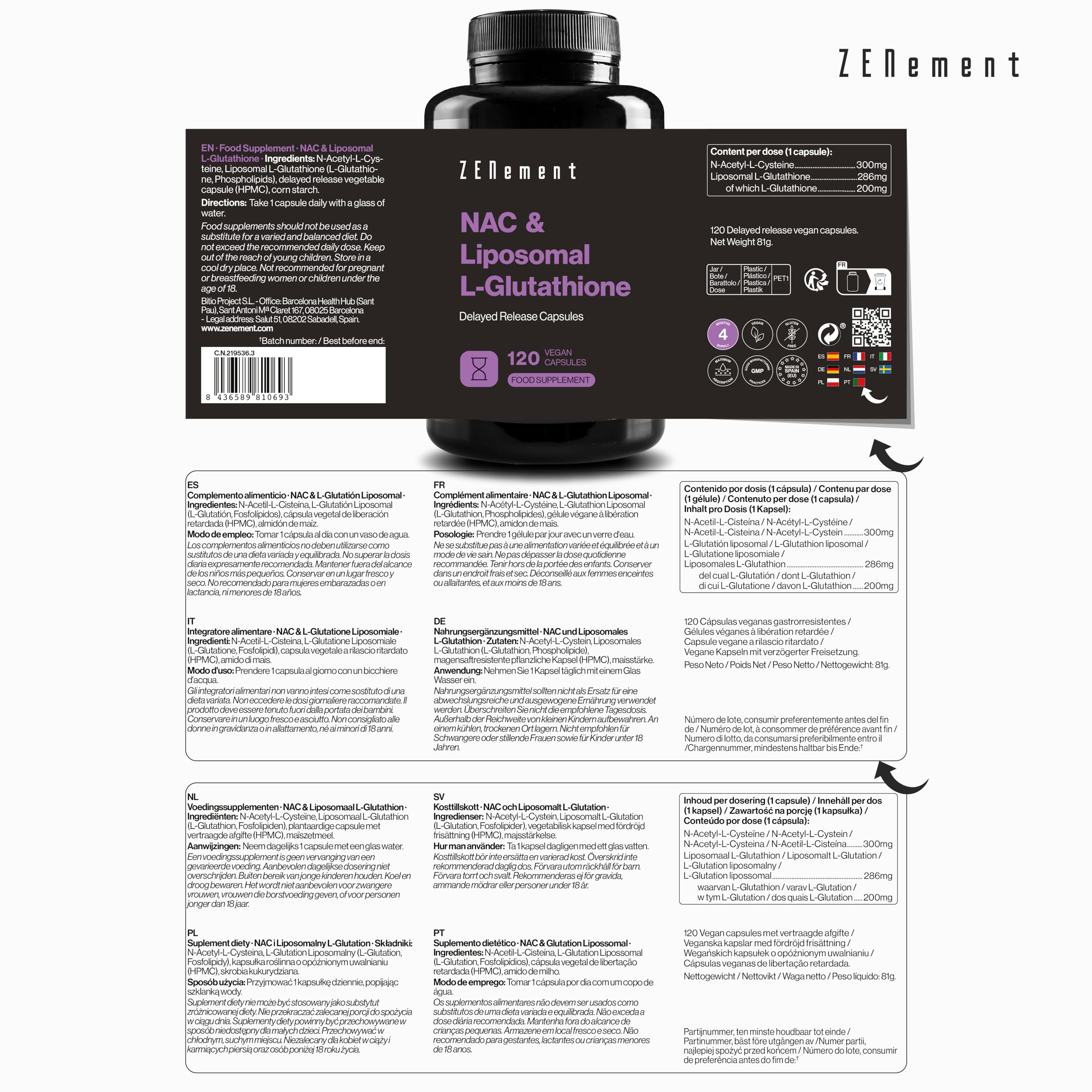 NAC avec L-Glutathion Liposomal – Formule Avancée avec N-Acétylcystéine et Glutathion à Haute Absorption – Gélules Végétales à Libération Retardée, Sans Additifs – 120 Gélules, 4 Mois – Zenement