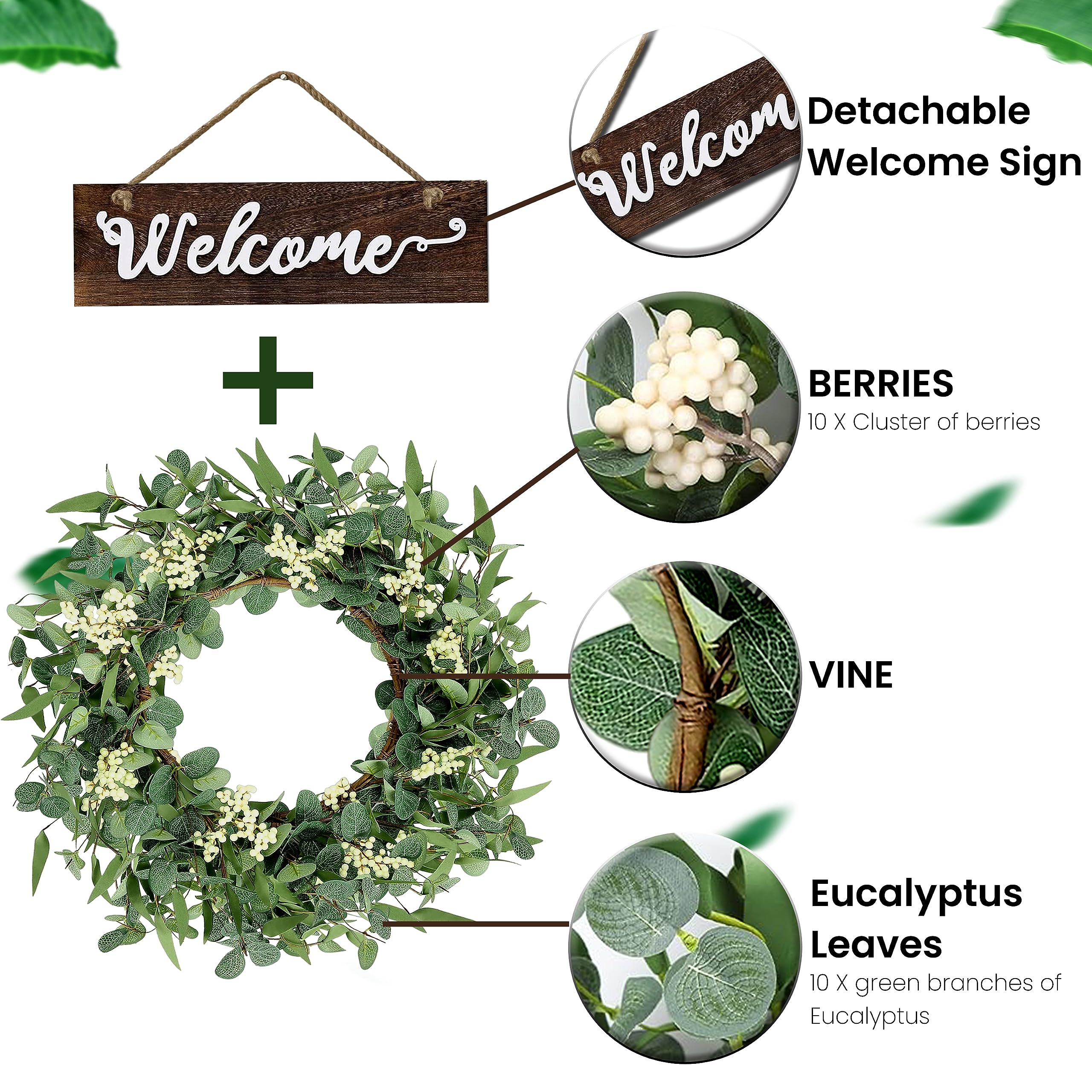 20" Eucalyptus Wreaths for Front Door, Farmhouse Wreaths, Front Door Wreaths for All Seasons, Winter Wreath, Spring Wreath, Summer Wreath, Door Reef, Welcome Wreaths Front Door, Evergreen Wreath