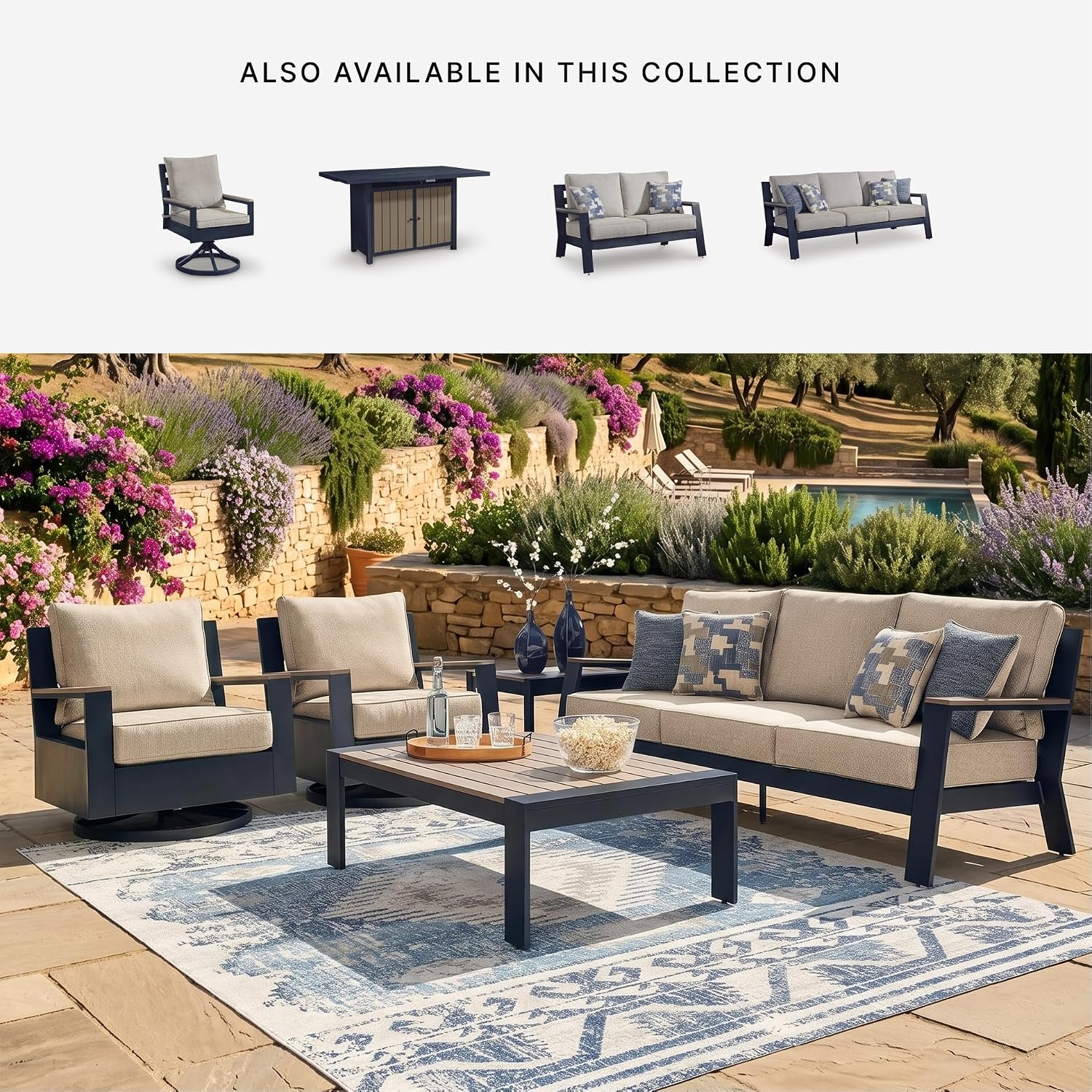 Signature Design by Ashley Outdoor Swivel Dining Chair Set of 2, Navy | Aluminum frame, Durable weather resistant HDPE wood-look accents, Nuvella performance fabric, Mabry Shores Series