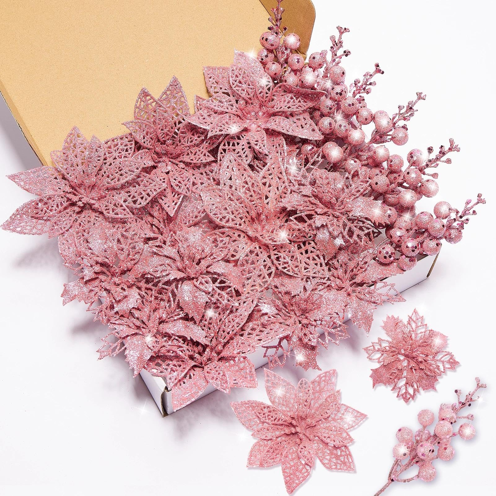 Xmastell Pink Poinsettia Artificial Flowers Set, 22 Pcs Christmas Flowers For Tree With 16 Poinsettia & 6 Berries Picks, Xmas Tree Flower Decorations For Festive Home Decor