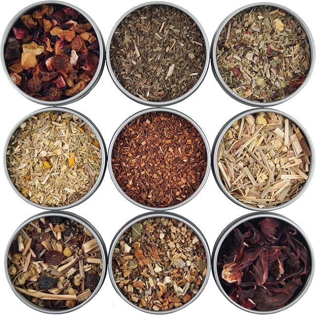 Heavenly Tea Leaves Loose Leaf Herbal Tea Sampler Set, 9 Assorted Naturally Caffeine-Free Tisanes (Approx. 90 Cups) - Variety Pack, Hot & Iced Tea, Health, Wellness, Kosher, & Immune Support