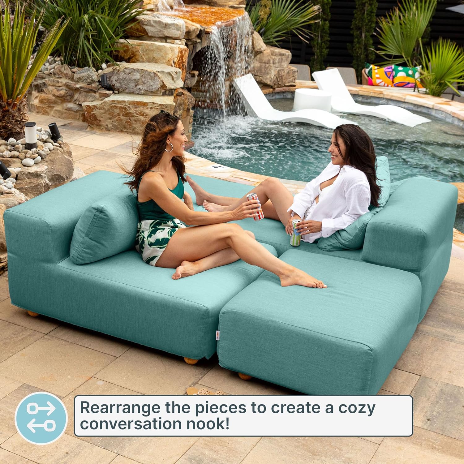Jaxx Vada Outdoor Sun Lounger Loveseat - Luxurious Modular Double Chaise & Conversation Nook with Ottomans - Sunbrella Breeze
