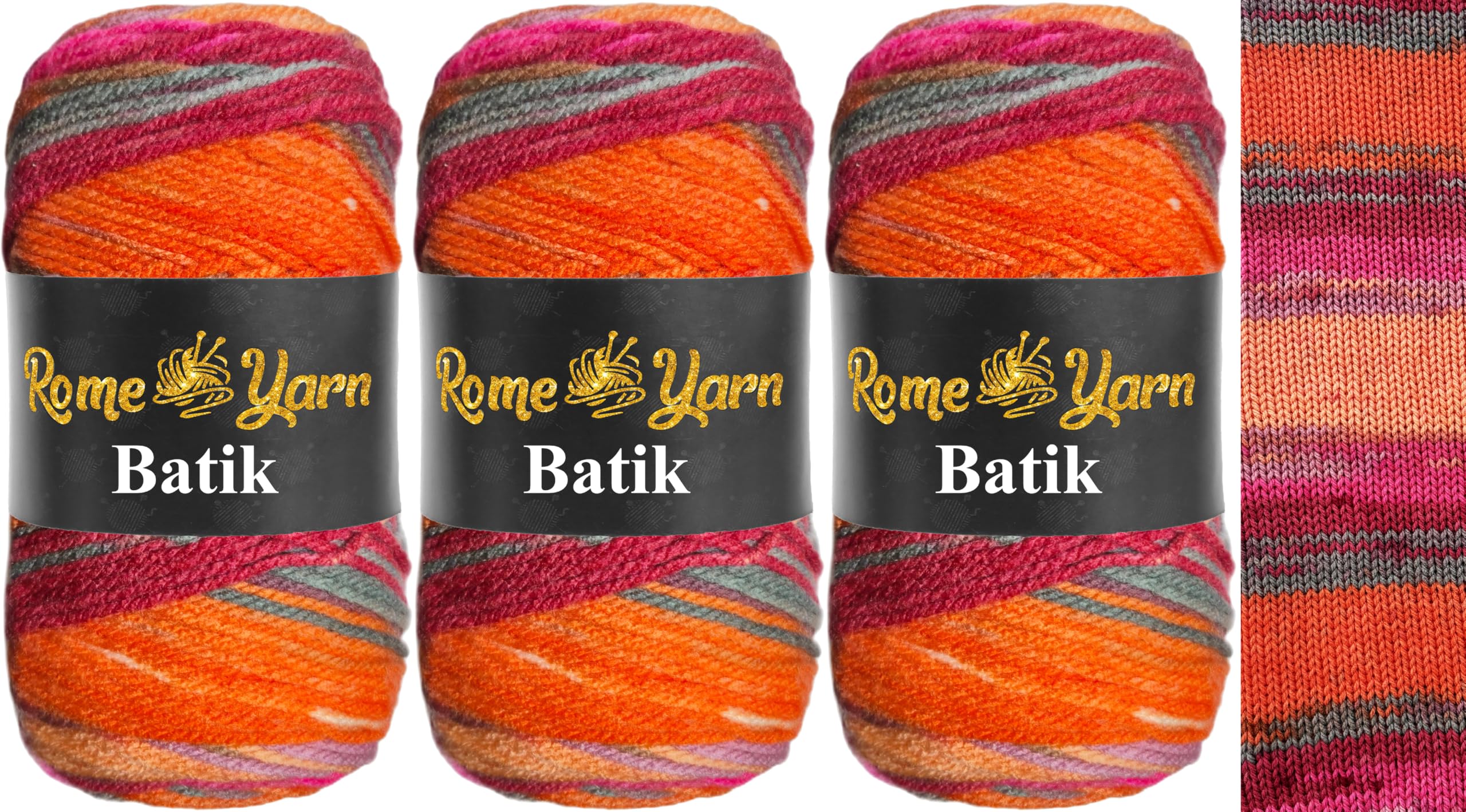 Rome Yarn Batik Knitting Yarn 3 × 100 g Pack - 100% Acrylic Aran Weight (#4 Medium), Self-Patterning Multicolour Yarn for Knitting and Crochet (5964)