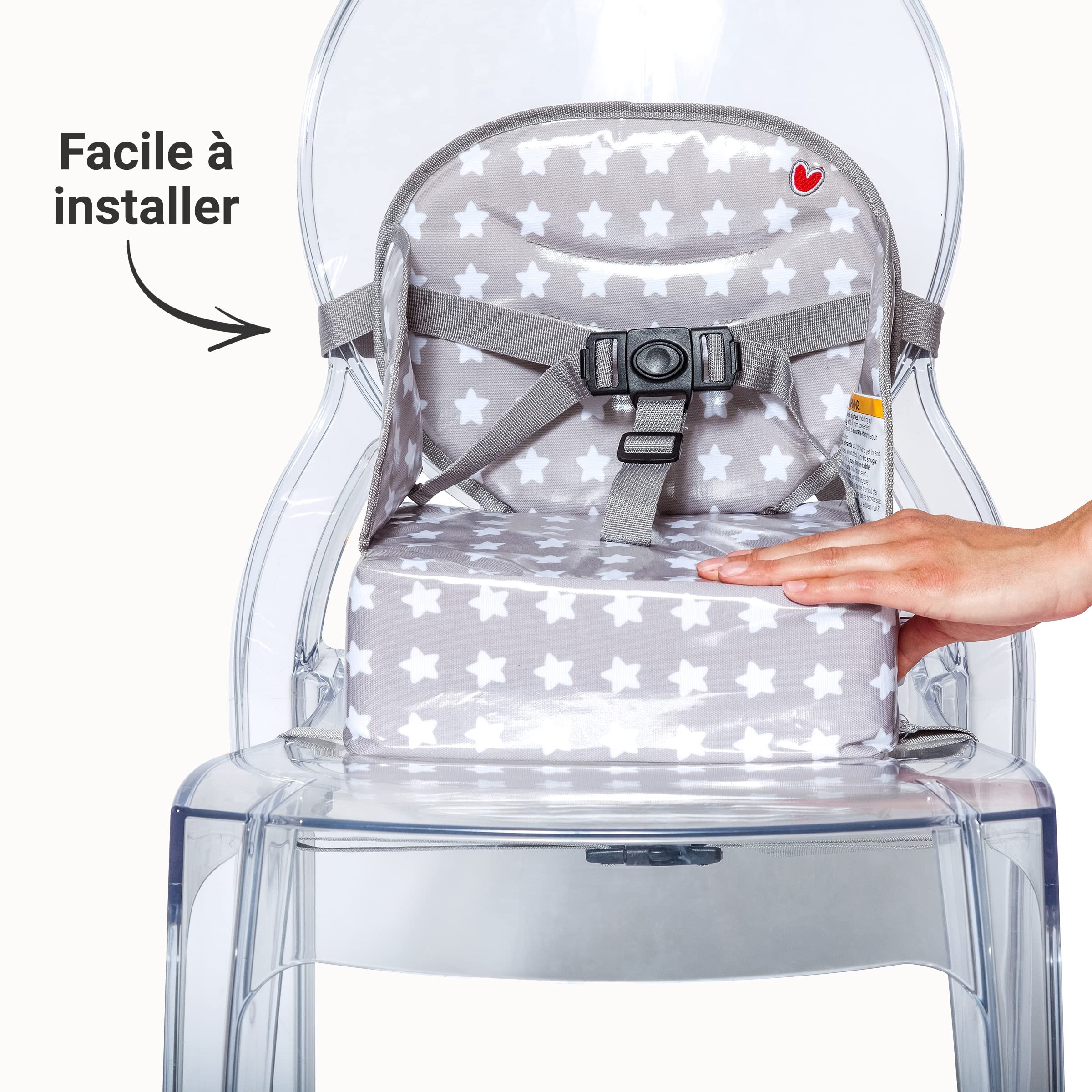 BabyToLove | Rehausseur chaise bébé compact et pliable avec coussin imperméable, harnais 3 points et poignée de transport | White Stars
