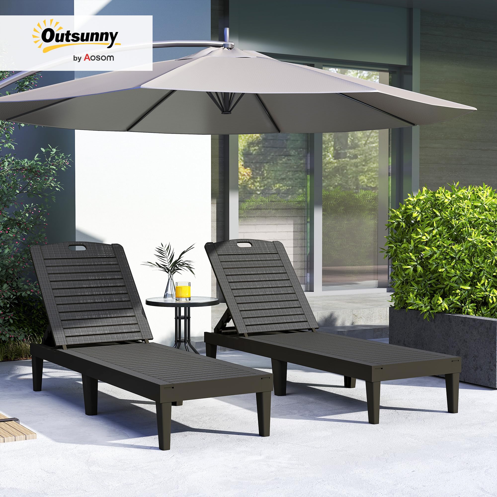 Outsunny Set di 2 Lettini Prendisole da Giardino con Schienale Regolabile su 4 Livelli, Sdraio da Giardino Impermeabile con Effetto Rattan a Doghe in PP, per Spiaggia, Piscina, 56x187x28cm, Nero
