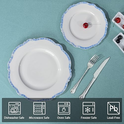 Miniatura 2 de fanquare Juego de platos de cena azules, platos festoneados de 10 pulgadas, juego de platos de almuerzo de porcelana, platos aptos para microondas,